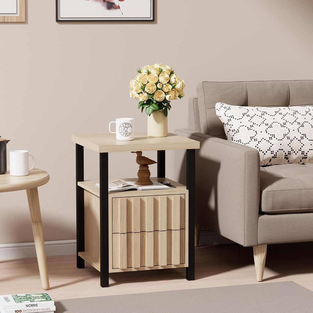 UEV Mid Century Modern 3-Piece Living Room Set,TV Stand Cabinet and 2 End Tables Set,Nightstand Set of 2, Wood Fluted TV Stand Sofa Side Table with 2 Drawers and Open Shelf for Living Room,Ivory White