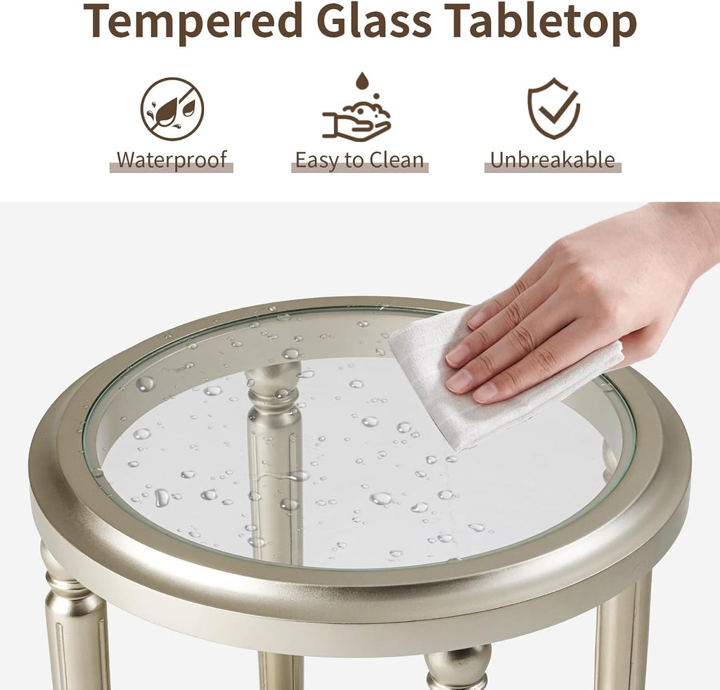 SUNBURY Set of 2 Modern End Tables with Tempered Glass Tops & Glass Lower Shelves, MDF Nightstands for Living Room, Bedroom, Dining Room (Champagne)