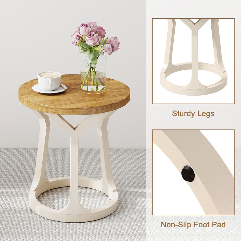 2PCS Round End Table Living Room, Set of 2 Rustic Side Table, 22' H Nightstand with Thick Top, Accent Tables for Bedroom Living Room Entryway, Natural & White