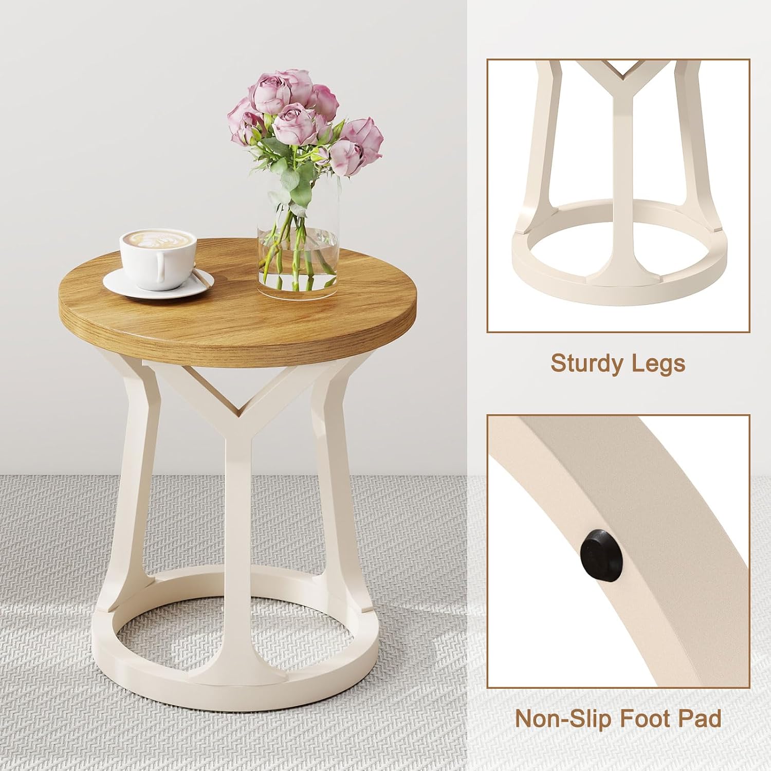 2PCS Round End Table Living Room, Set of 2 Rustic Side Table, 22' H Nightstand with Thick Top, Accent Tables for Bedroom Living Room Entryway, Natural & White