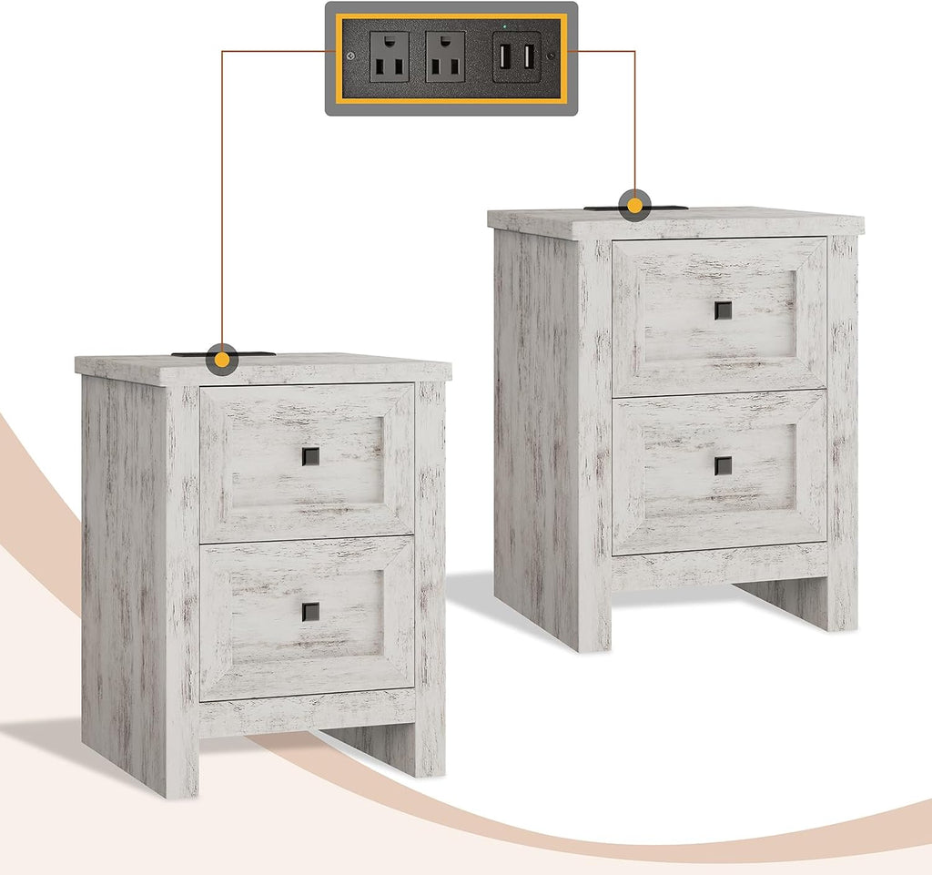 AMERLIFE Large Nightstand Set of 2 with Charging Station, Bedside Table with USB Ports and Outlets, Farmhouse Wood End Table for Bedroom, Distressed White