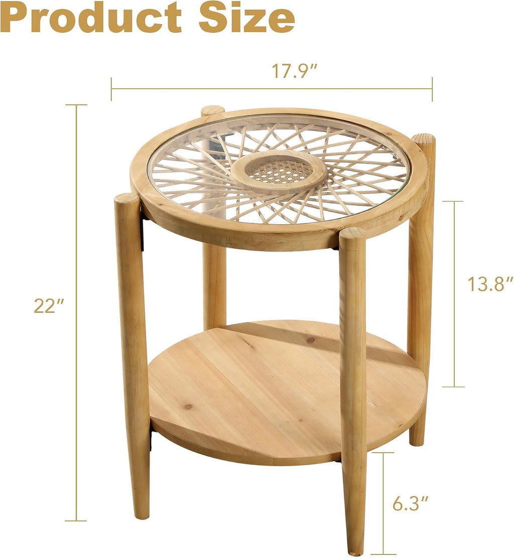 RUSTOWN Rattan Nightstands Set of 2,Boho Wood Round Side Tables, 2-Tier Natural End Table with Glass Top and Wood Legs, Sofa Side Table Bedside Table for Living Room Bedroom Couch(Natural)