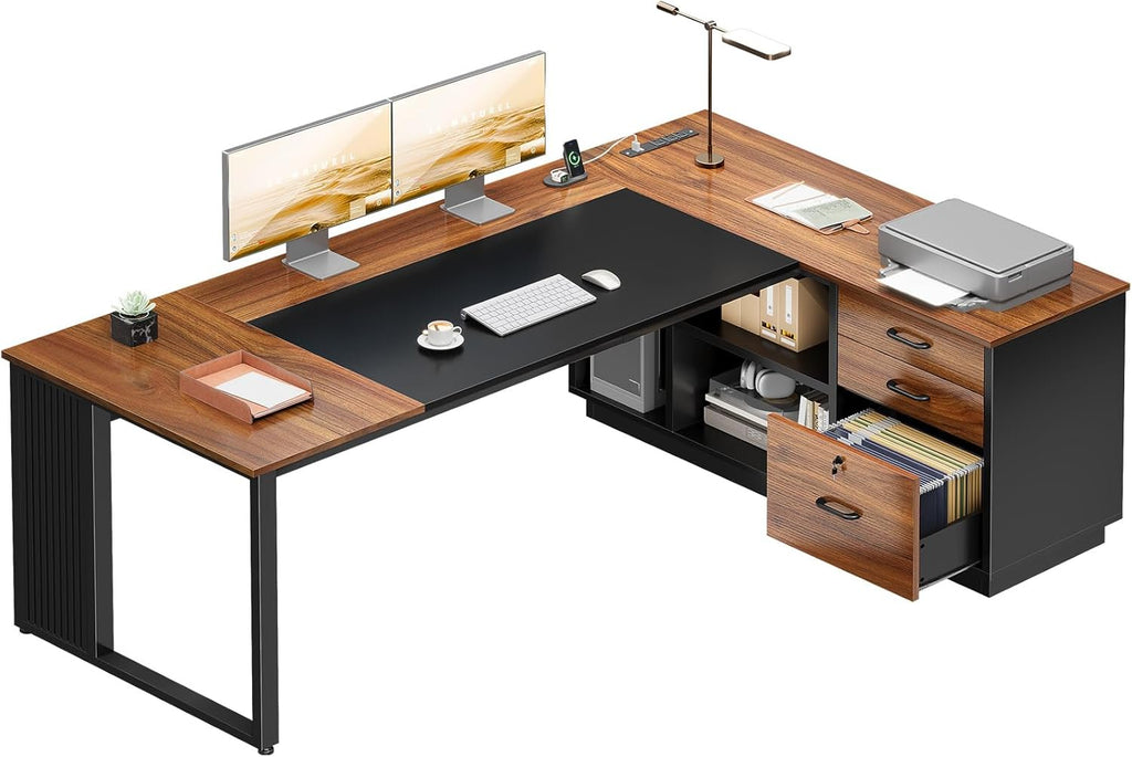 AODK 71 Inch L Shaped Executive Desk with Drawers and File Cabinet, Large Office Desk with Storage Shelves, Corner Computer Desk for Home Office, Walnut + Black