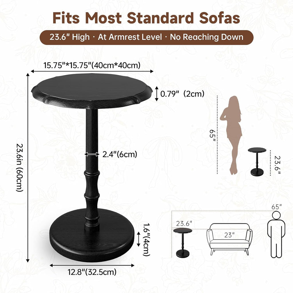 100% Solid Wood Round Pedestal Side Table, Vintage End Table for Living Room Bedroom, Heavy-Duty Antique Accent Table for Corner Spaces, Small Bedside Nightstand, 5-Min Assembly, Black