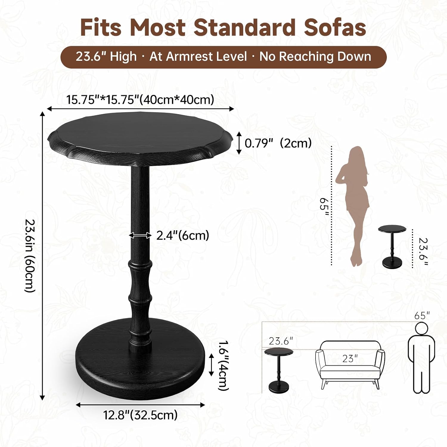 100% Solid Wood Round Pedestal Side Table, Vintage End Table for Living Room Bedroom, Heavy-Duty Antique Accent Table for Corner Spaces, Small Bedside Nightstand, 5-Min Assembly, Black