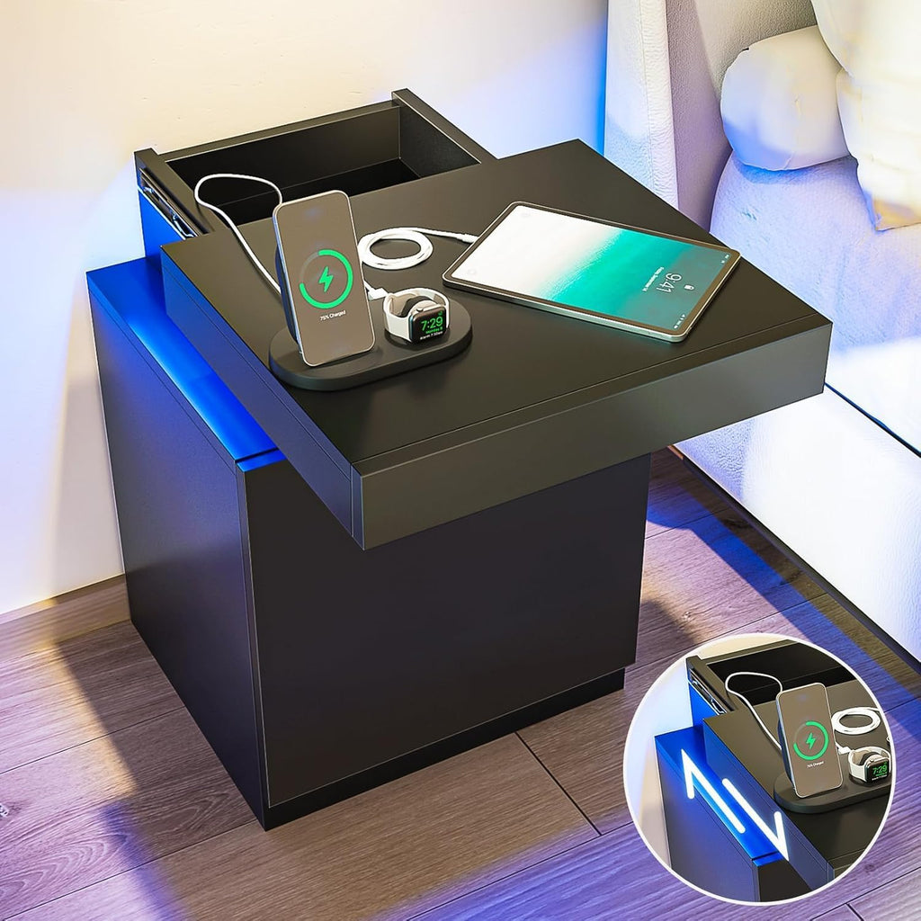 Nightstands Set of 2, 17.7 Inches LED Night Stand Set 2 with Charging Station, Bedside Table with Sliding Top Storage, Modern End Table for Bedroom, Black
