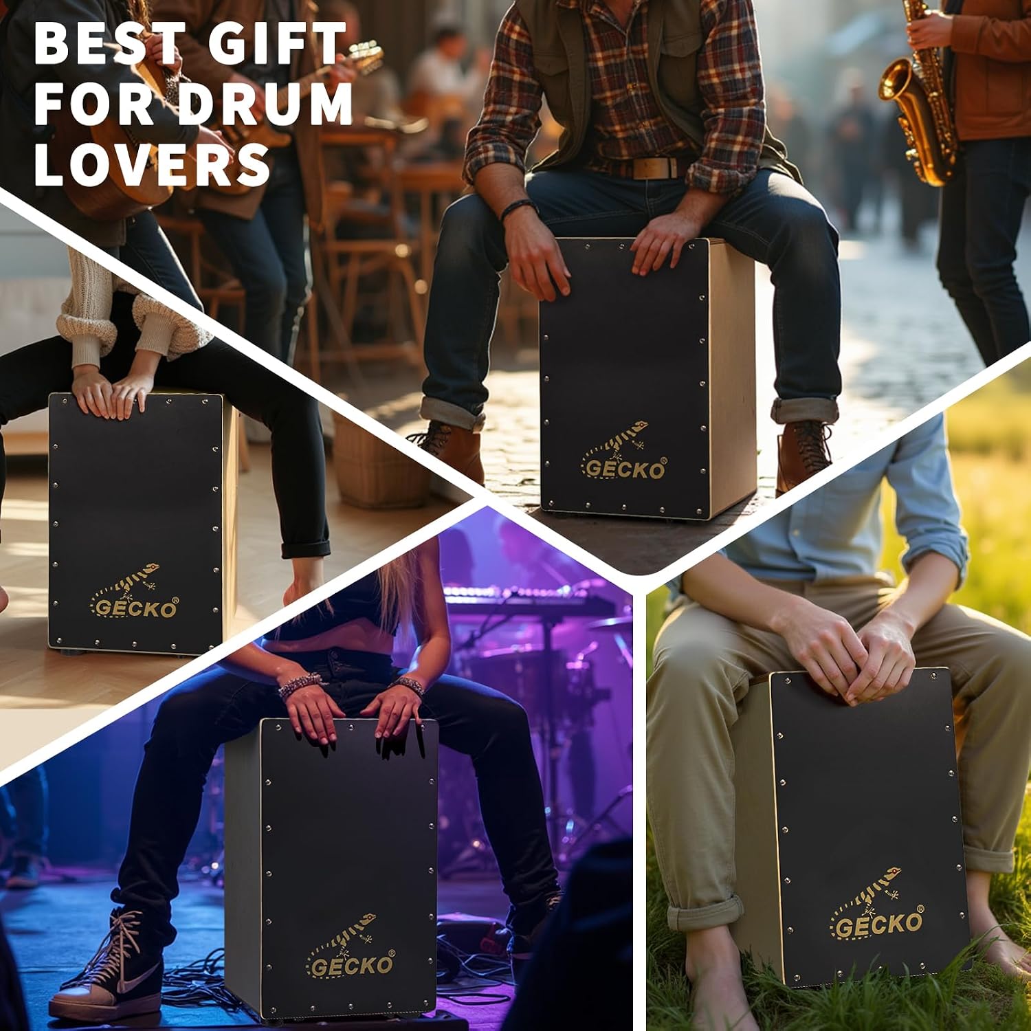 GECKO Cajon BOX Drum-Wooden Percussion Box musical instrument bass drum box acoustic box drum beat box with Internal Adjustable Guitar Strings cajon drum set package
