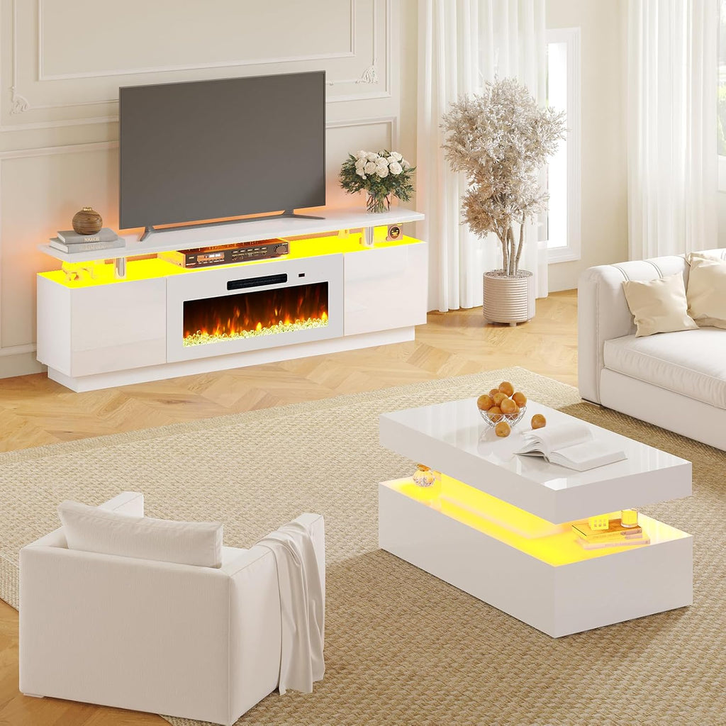 AMERLIFE 3 Piece Modern Living Room Table Set, Includes 70' High Gloss Fireplace TV Stand, 2-Tier Coffee Table, LED Lights Entertainment Center Set for Living Room, White