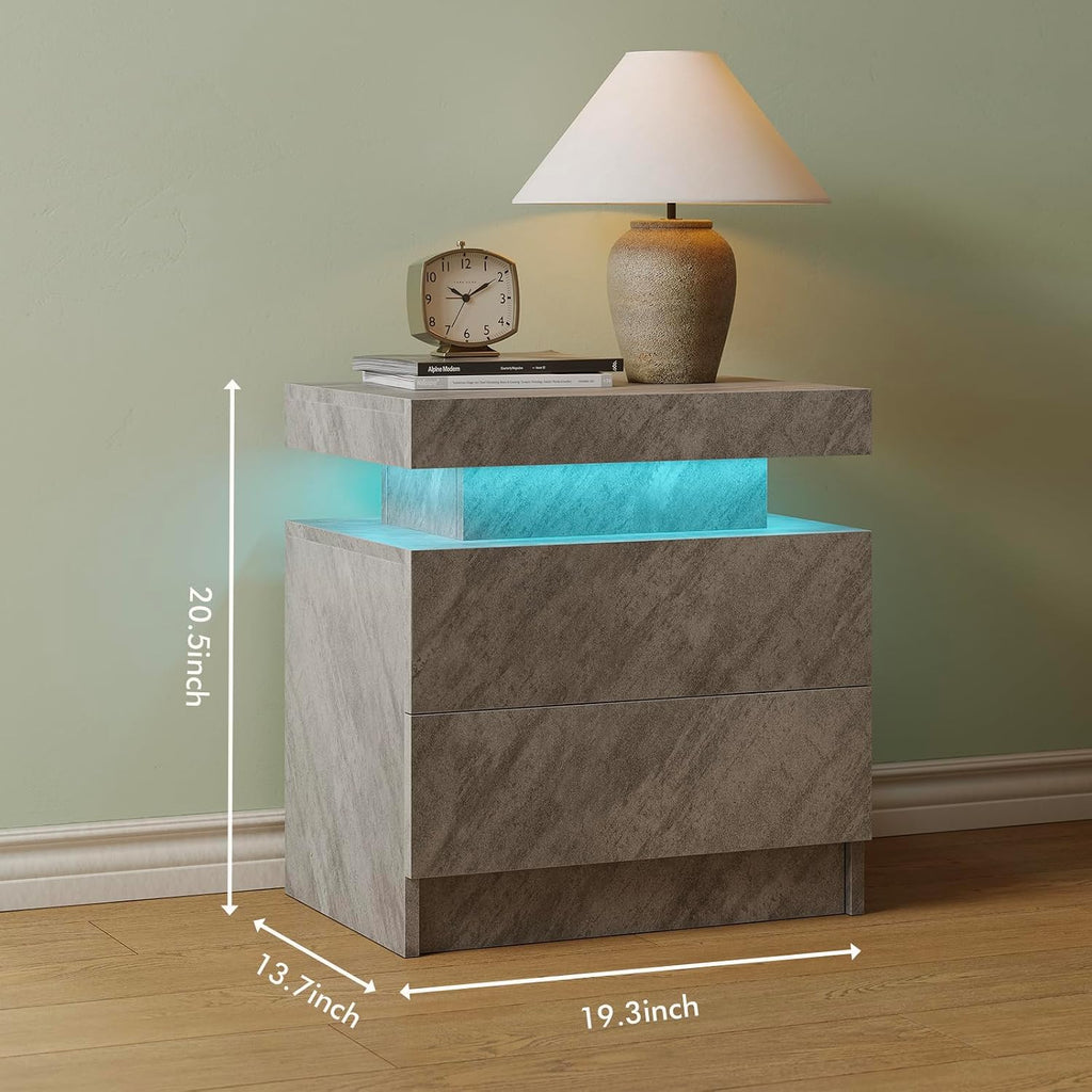 Cubehom Nightstands Set of 2, Bedside Tables with LED Lights, Night Stands with 2 Wood Drawers, End Tables Set of 2 for Living Room/Bedroom