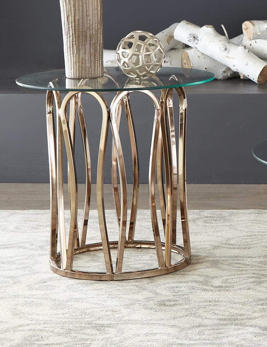 Coaster Home Furnishings - Monett - Round Glass Top End Table with Electroplated Chrome Metal Base and Geometric Design - Living Room - 24-Inch - Chocolate Chrome - 708057
