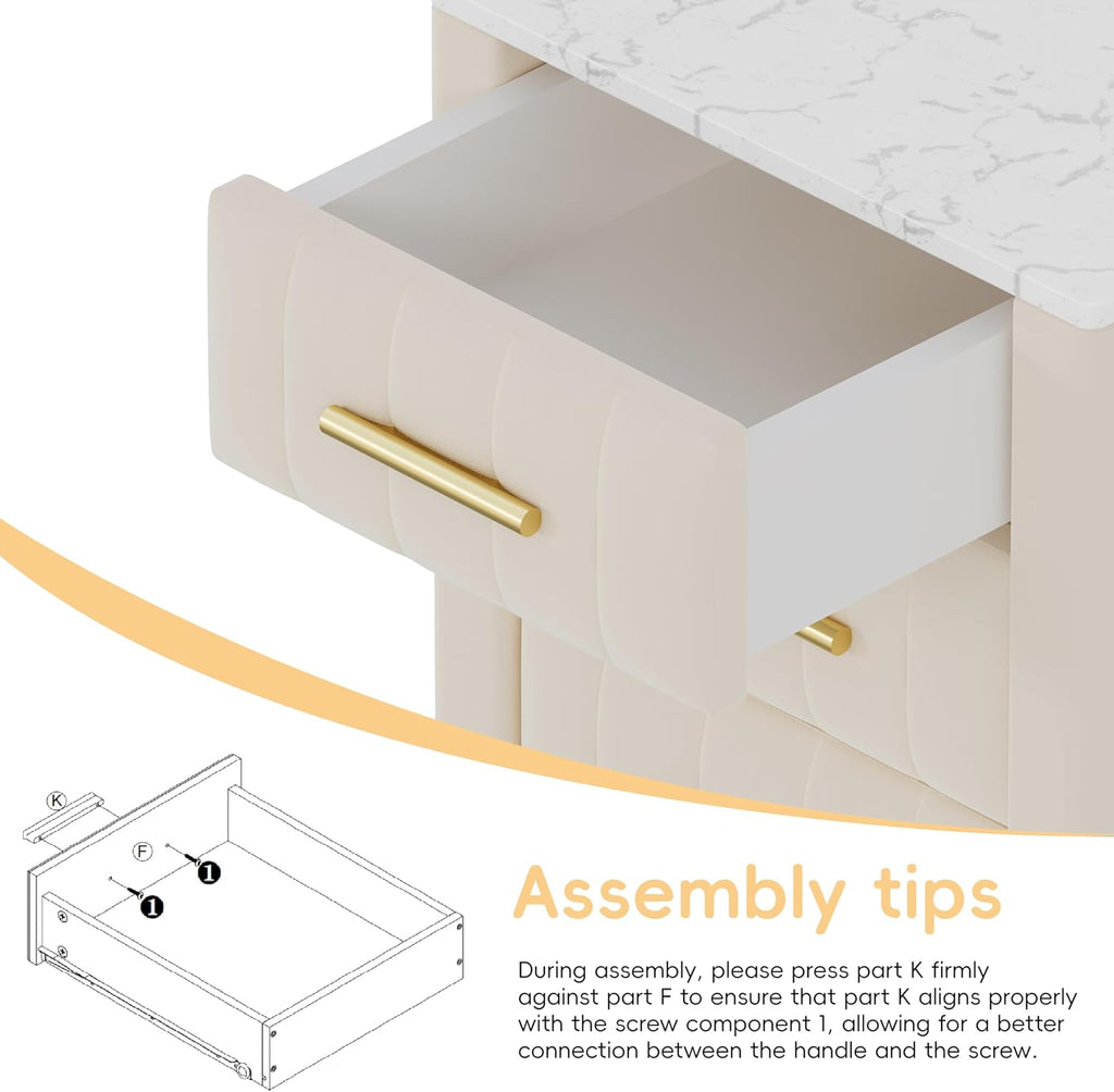 Merax Nightstand with 3 Storage Drawers, Upholstered Wood Bedside End Table with Marbling Top, Beige