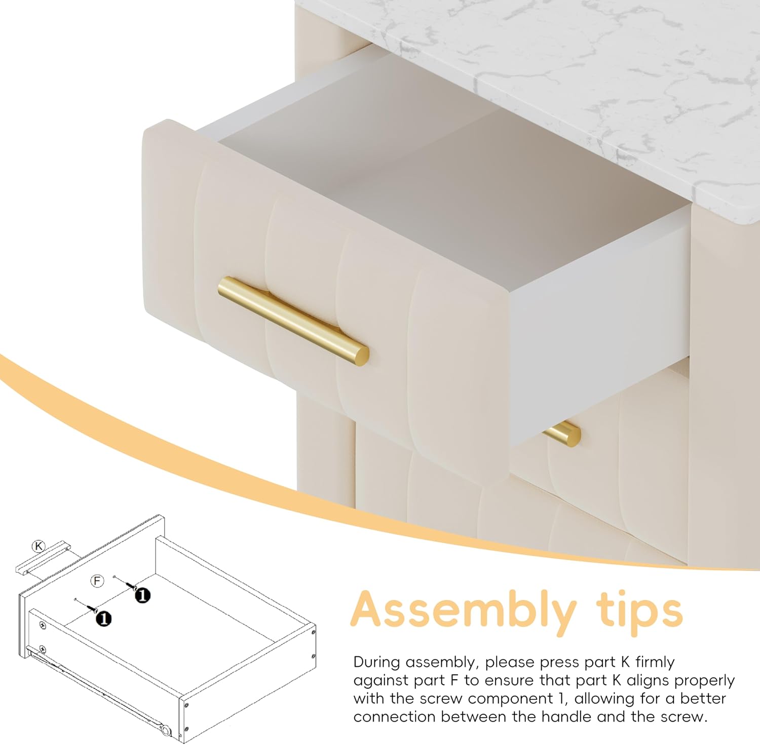 Merax Nightstand with 3 Storage Drawers, Upholstered Wood Bedside End Table with Marbling Top, Beige