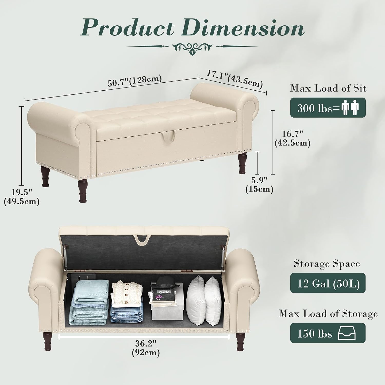 Apicizon 51' Bench with Storage, Faux Leather Ottoman Bench with Rolled Arm & Vintage Rivets, End of Bed Bench for Bedroom, Living Room, Entryway, Beige+Brown Legs