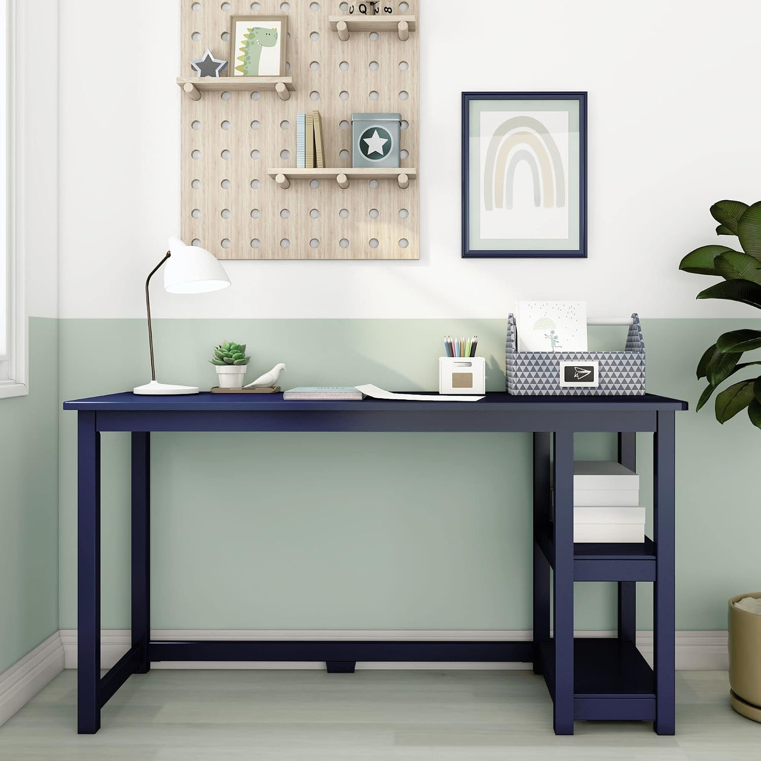 Max & Lily Solid Wood Desk With Shelves, 55 Inches, Blue