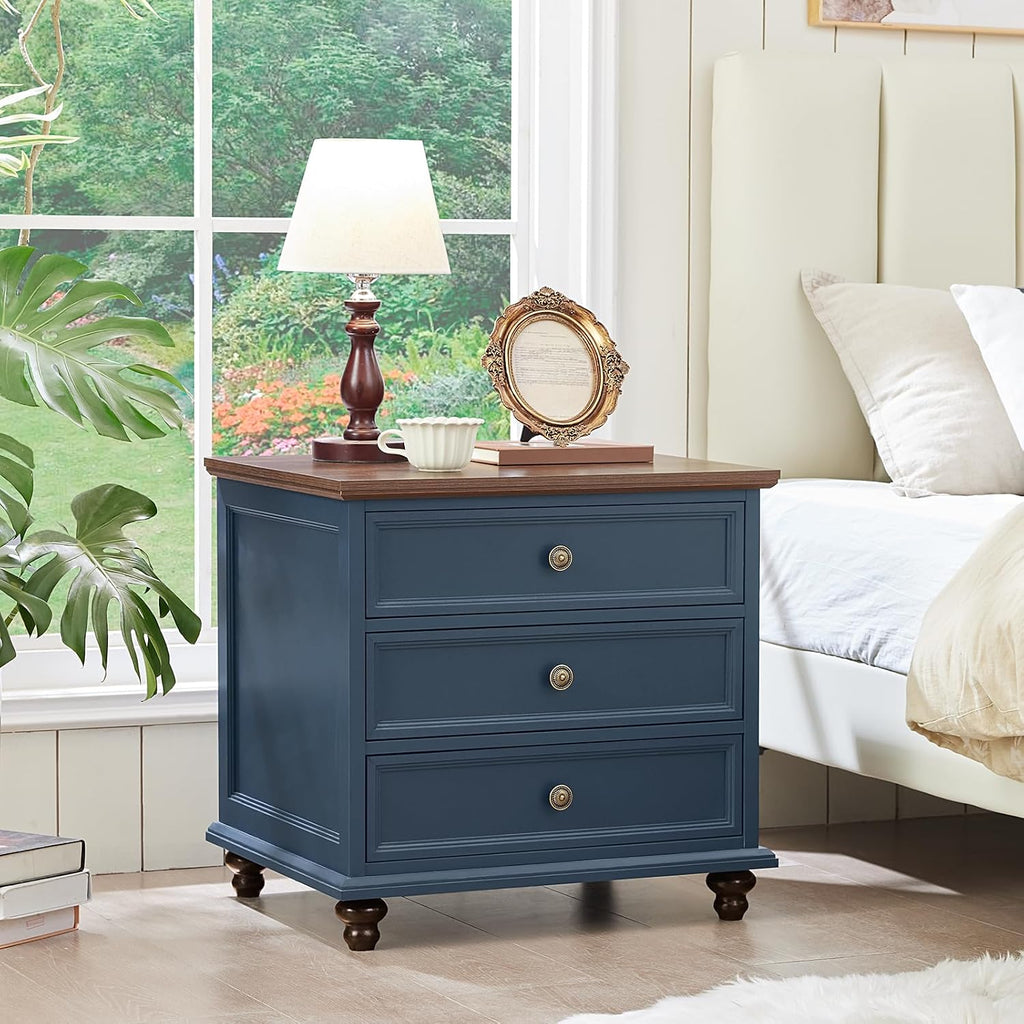 Joaxswe 24' Wide Farmhouse Night Stand Set of 2,Large End Table with 3 Drawers & Metal Handle,Blue Wood Dresser for Bedroom Cabinet, Bed Side Table Chest of Drawers,Nightstand for Living Room,Closet