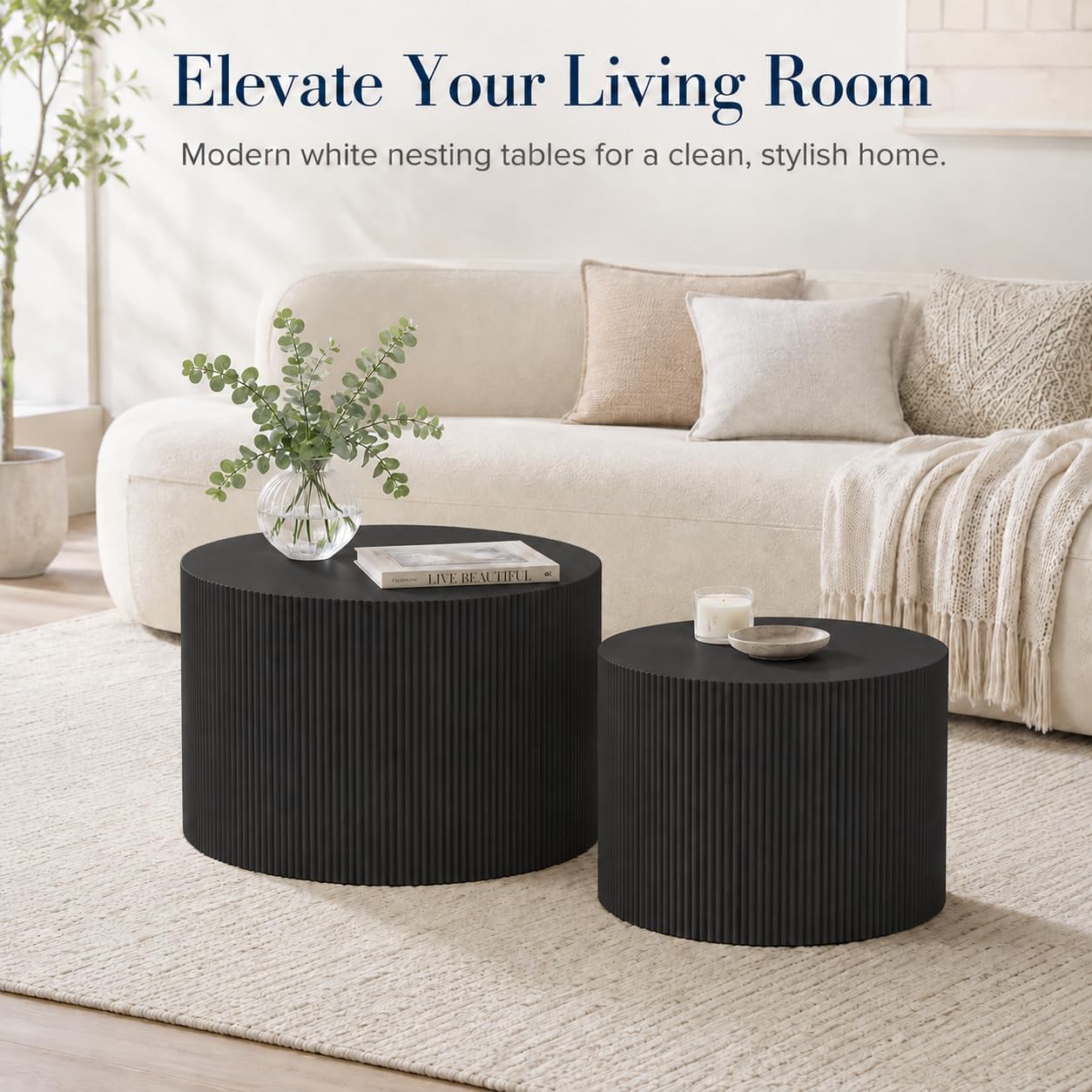 Otterease Round Coffee Table Set of 2, Modern Wooden Black Nesting Tables for Living Room, No Assembly Required Circle Side Tables Set Accent End Table for Bedroom, Balcony