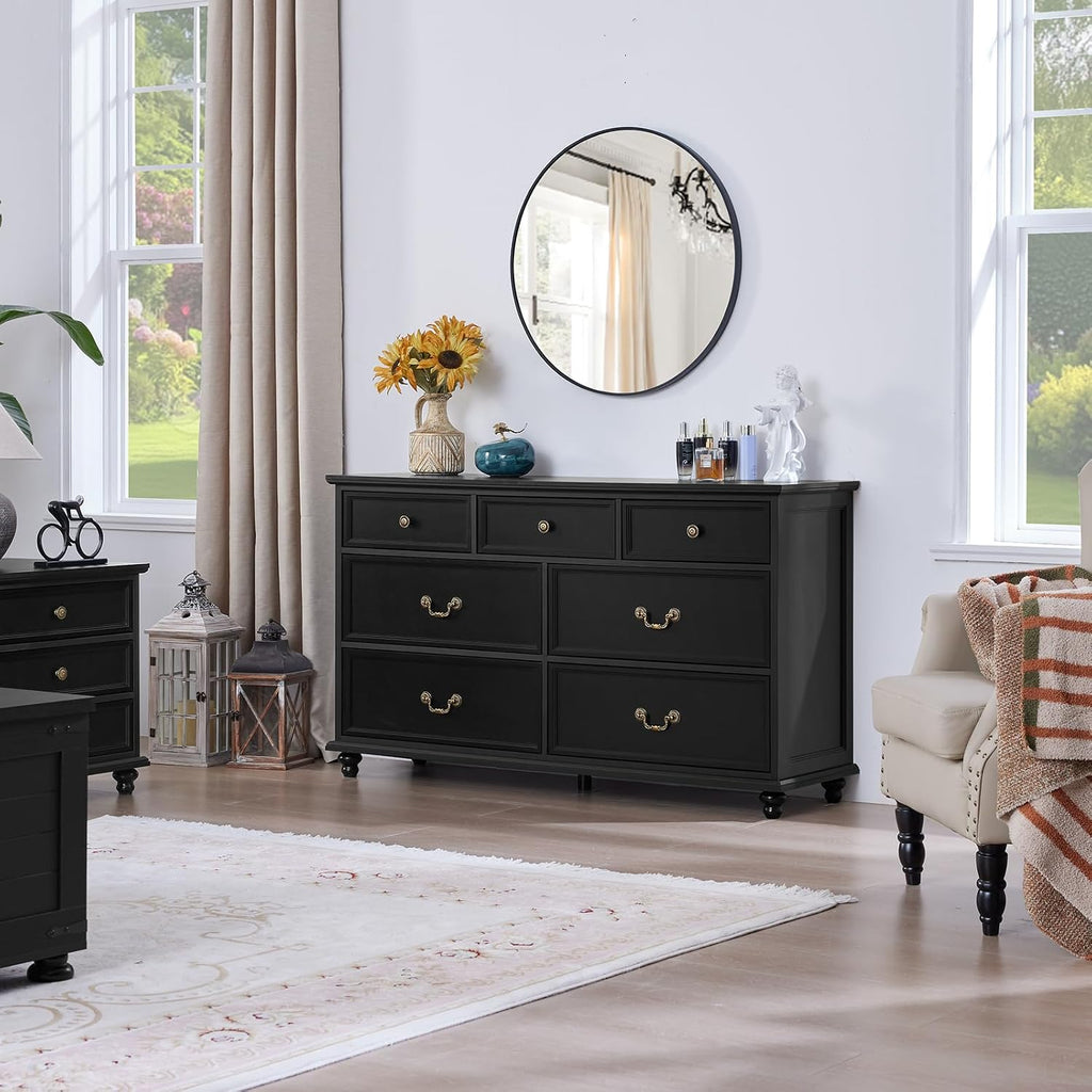 Joaxswe Farmhouse 54' 7 Drawers Dresser for Bedroom, Wide Chest of Drawers w/ 4 Wooden Legs, Vintage Large Closet Storage Dressers Organizer for Hallway, Wood Rustic TV Stand for Living Room, Black