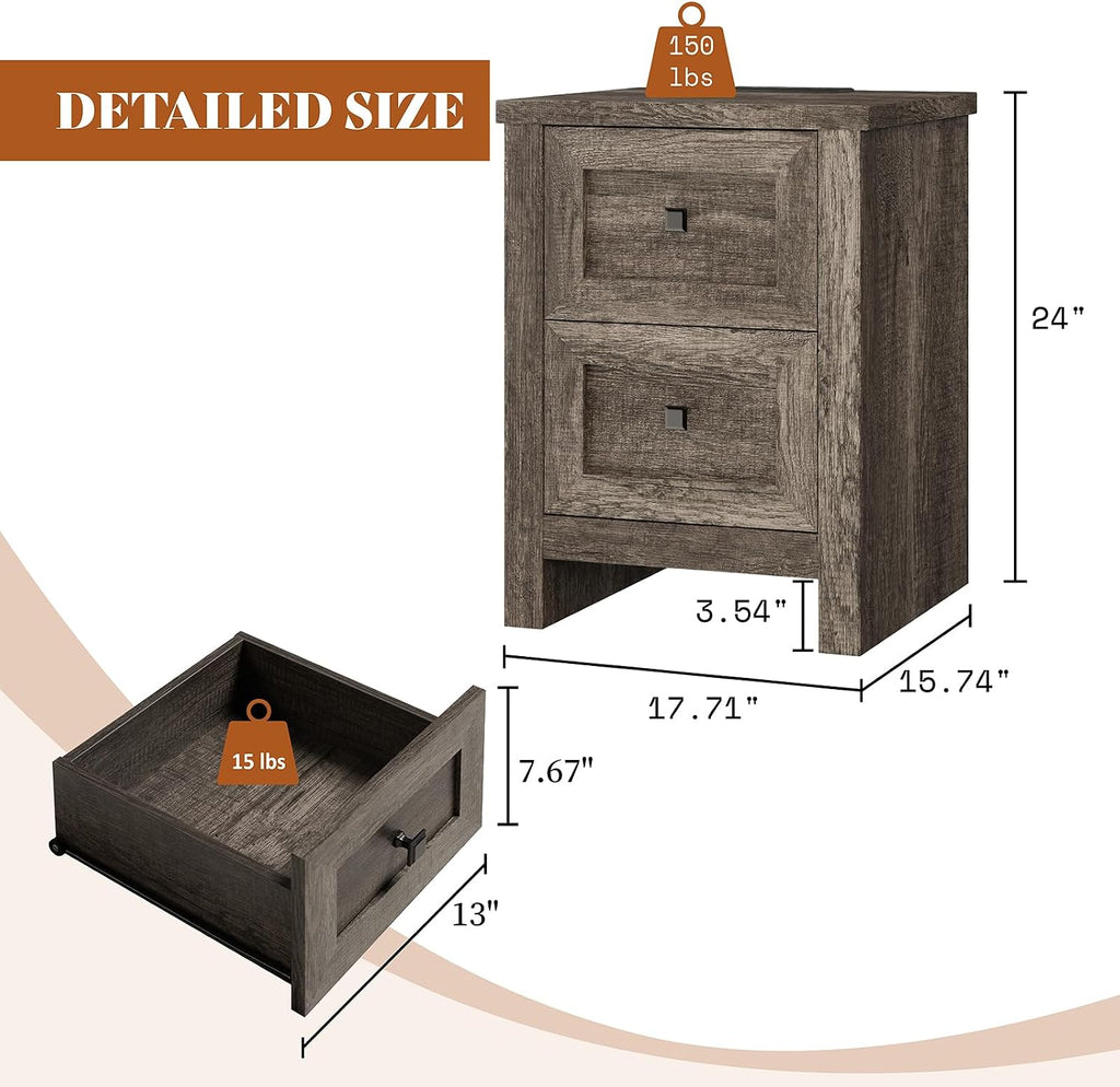 AMERLIFE Nightstand Set of 2 with Charging Station, Rustic Bedside Table with Drawers Storage, Farmhouse Wood Night Stand for Bedroom, Rustic Grey