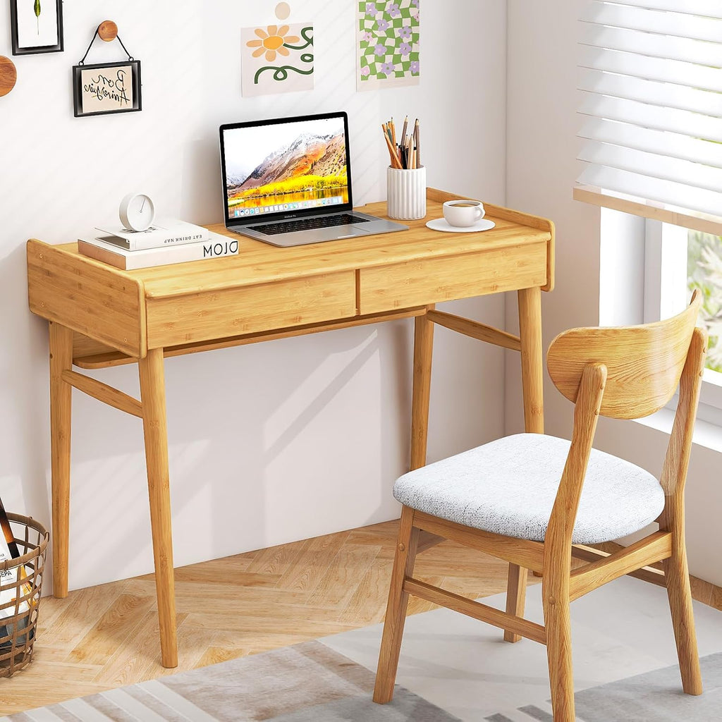 Tangkula Bamboo Mid Century Desk with 2 Storage Drawers, Home Office Study Writing Desk with Shelf & Cable Management Groove, Home Office Desk for Working & Learning (Natural)