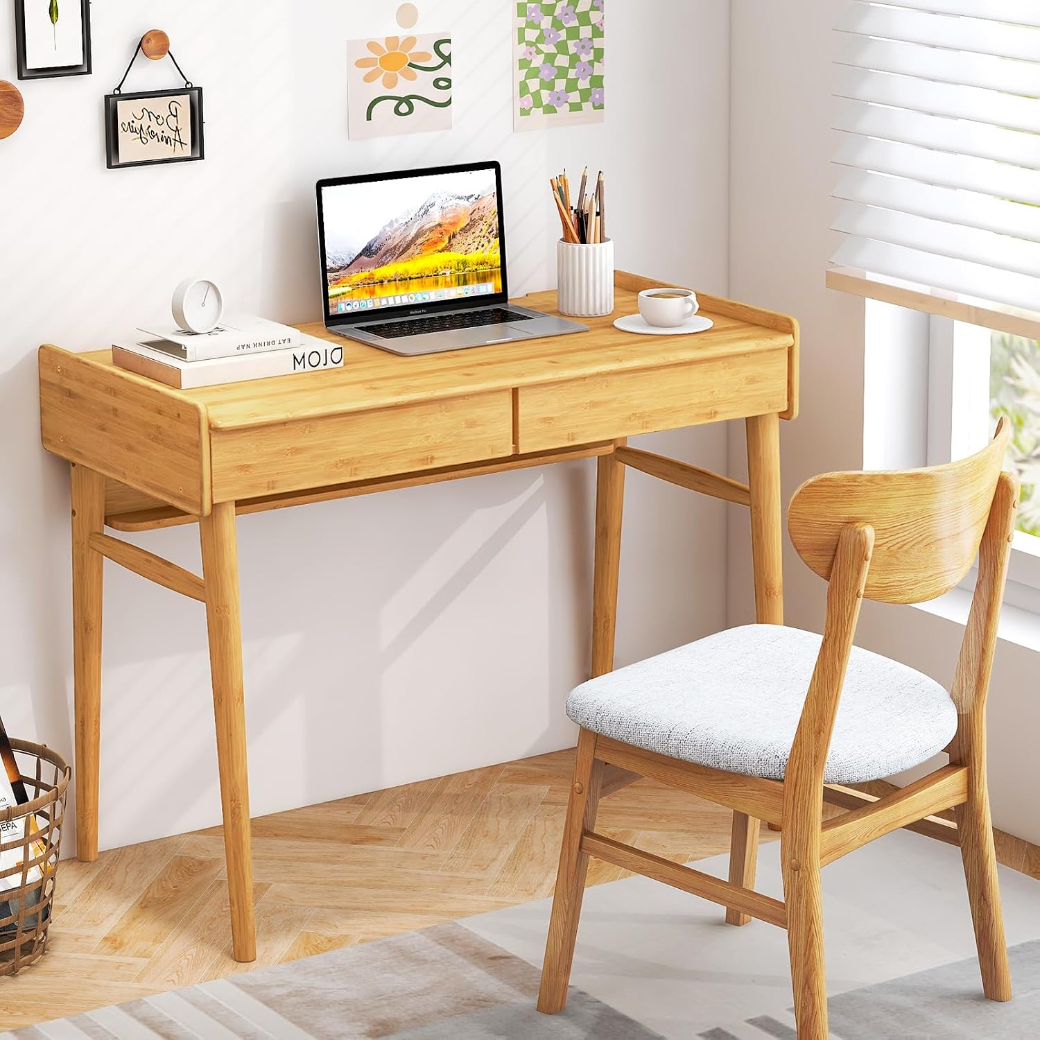 Tangkula Bamboo Mid Century Desk with 2 Storage Drawers, Home Office Study Writing Desk with Shelf & Cable Management Groove, Home Office Desk for Working & Learning (Natural)