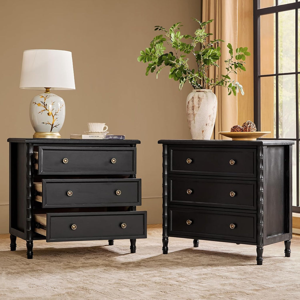 HULALA HOME Solid Wood End Tables Set of 2 with Bamboo-Inspired Frame, 28' Wide Endtables with Charging Station, 3 Drawer Side Tables for Living Room, Black