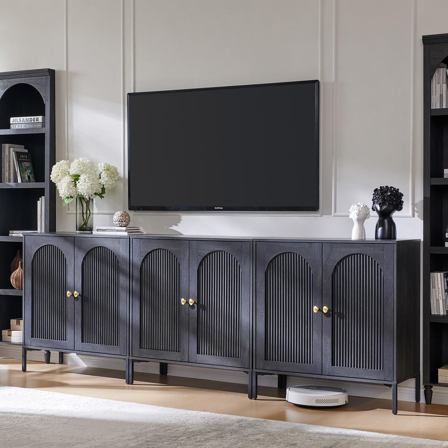 IFGET Modern Buffet Cabinet with Storage, 92.63' W Fluted Arched Sideboard Cabinet w/Adjustable Shelves, Wooden Modular Coffee Bar for Dining Room, Kitchen, Living Room, Entryway, Dark Grey