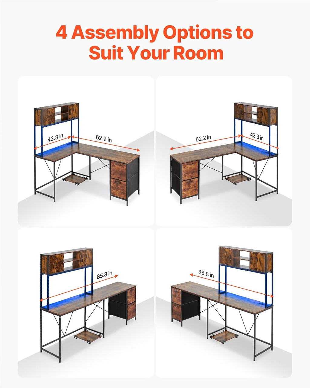 VEVOR L-Shaped Gaming Desk with LED Lights, 62.2-inch Reversible Corner Computer Desk with Power Outlets, Movable CPU Stand & Storage Drawers, Modern Stylish PC Gaming Table for Home Office
