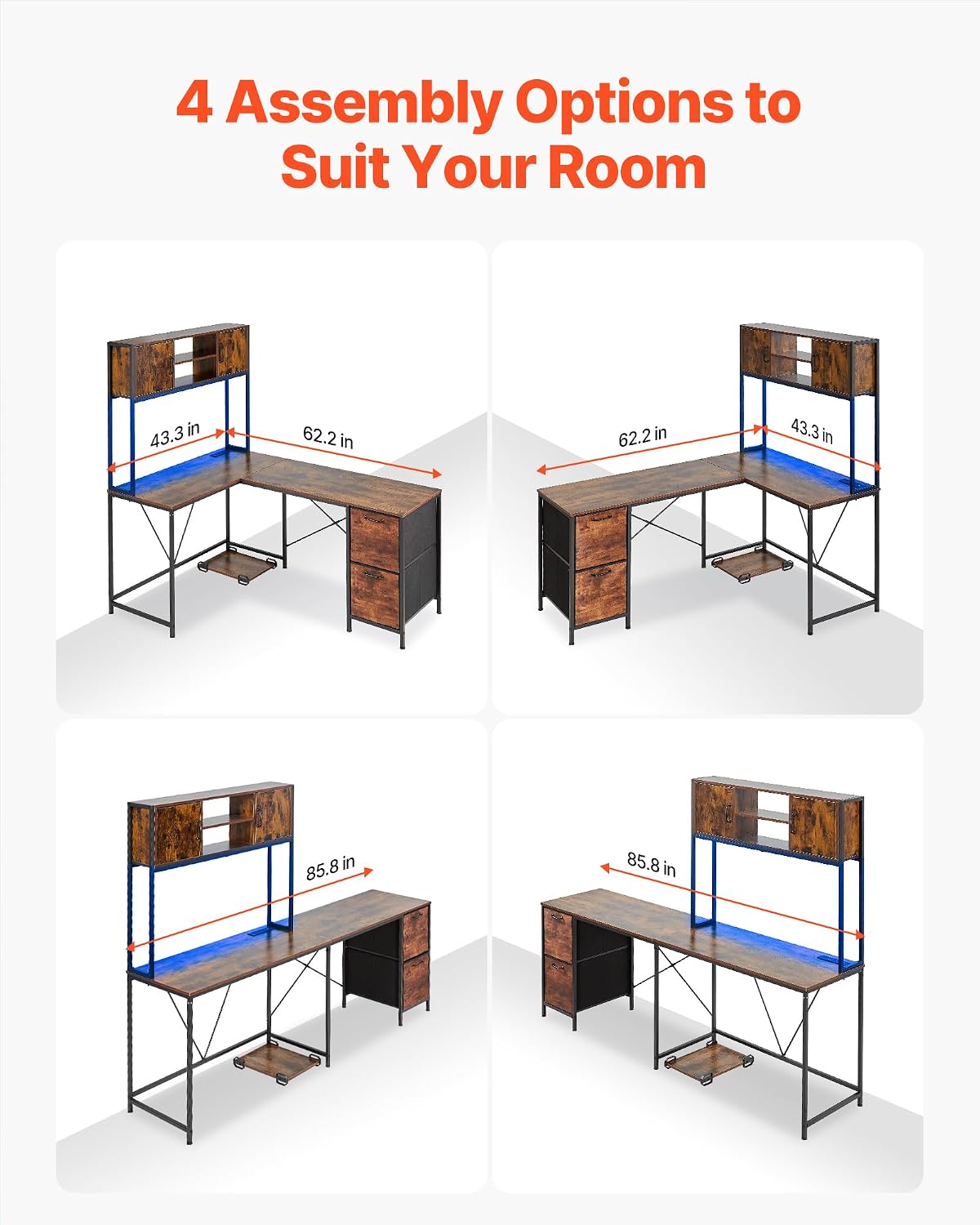 VEVOR L-Shaped Gaming Desk with LED Lights, 62.2-inch Reversible Corner Computer Desk with Power Outlets, Movable CPU Stand & Storage Drawers, Modern Stylish PC Gaming Table for Home Office
