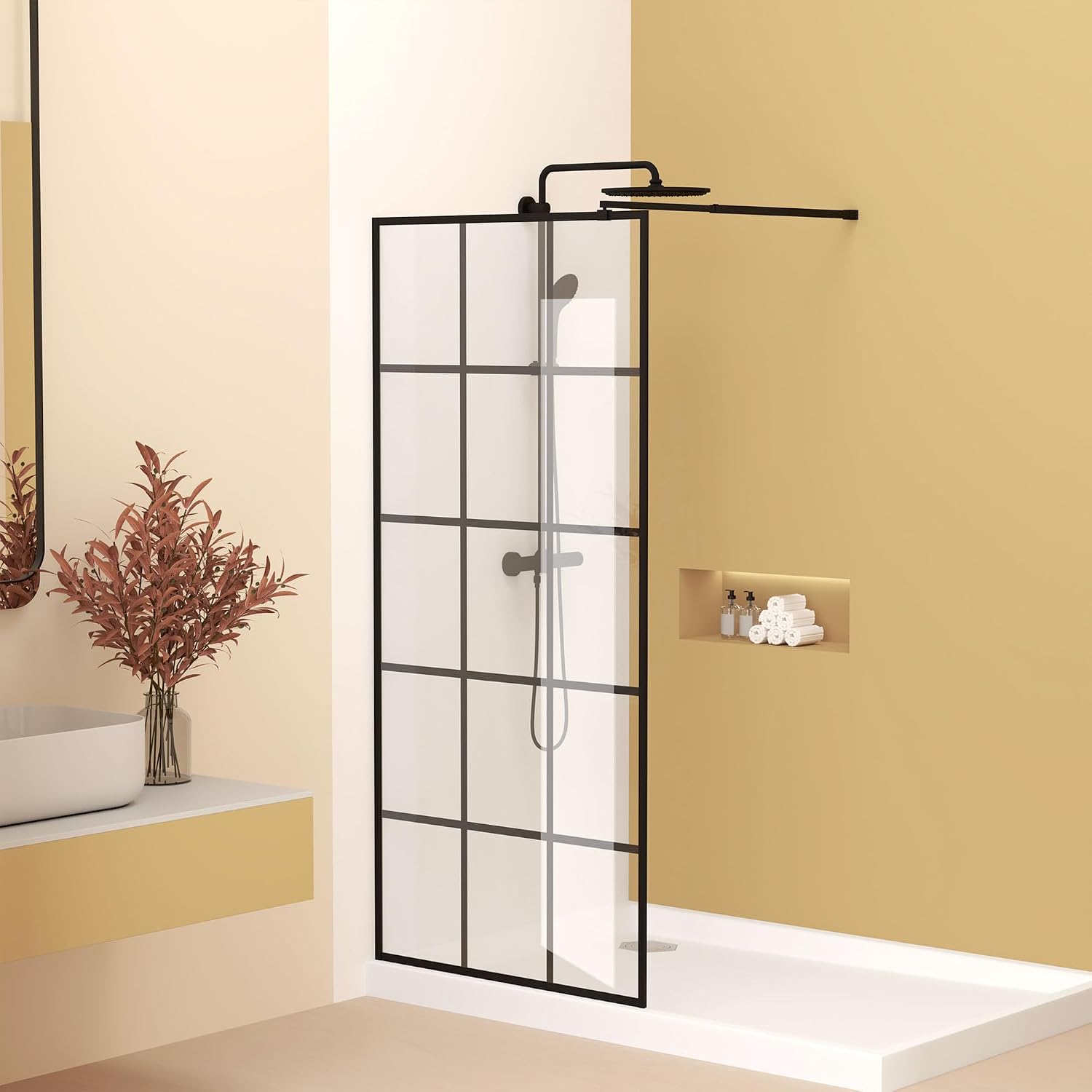 Framed Glass Shower Screen 34' Width x 72' Height with 1/4' 6mm Silk-Printing Tempered Glass, Matte Black Aluminum and Support bar, Shower Door