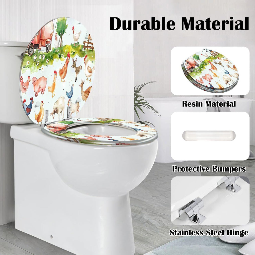 Round Toilet Seat Watercolor farm animals hen cow horse chicken red green blue for baby Resin Toilet Seat Slow Quiet Close with Quick-Release Hinges Toilet Seat with Cover Easy to Clean Install