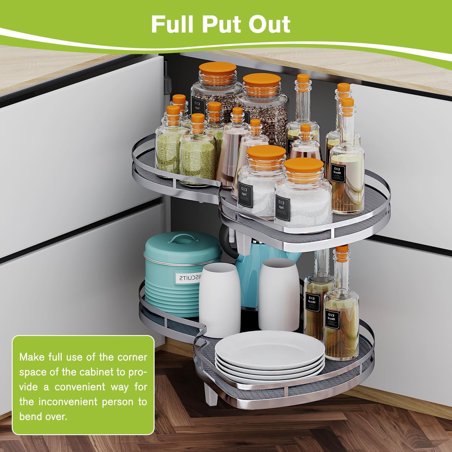 Blind Corner Cabinet Pull Out Organizer, Swing Right Pull Out Cabinet Organizer 26 inch, Cabinet Lazy Susan for Corner Cabinet Blind Shelf, 2 Tiers Tray, Adjustable Height