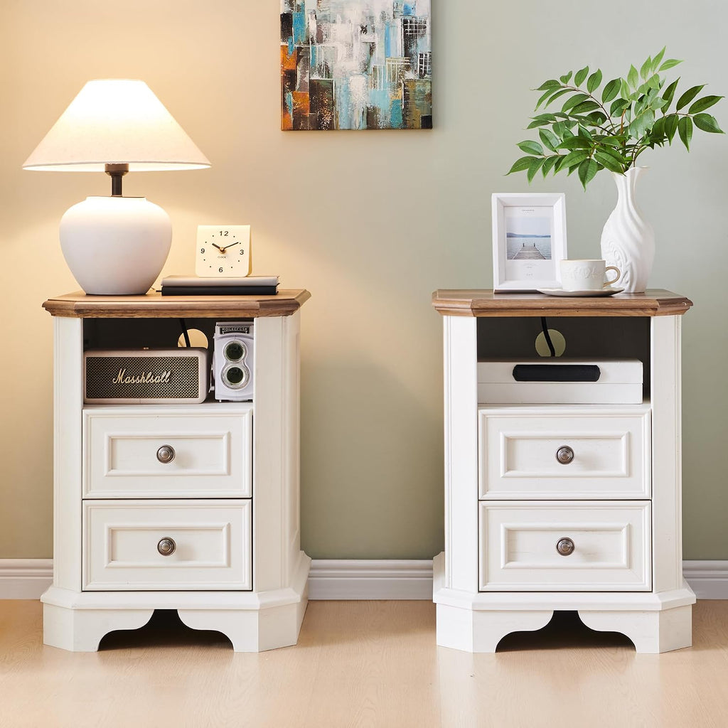 T4TREAM Farmhouse Nightstand Set of 2 with Charging Station, 18' End Table with 2 Drawers, Wood Side Table, Bedside Cabinet for Bedroom, Living Room (Antique White)