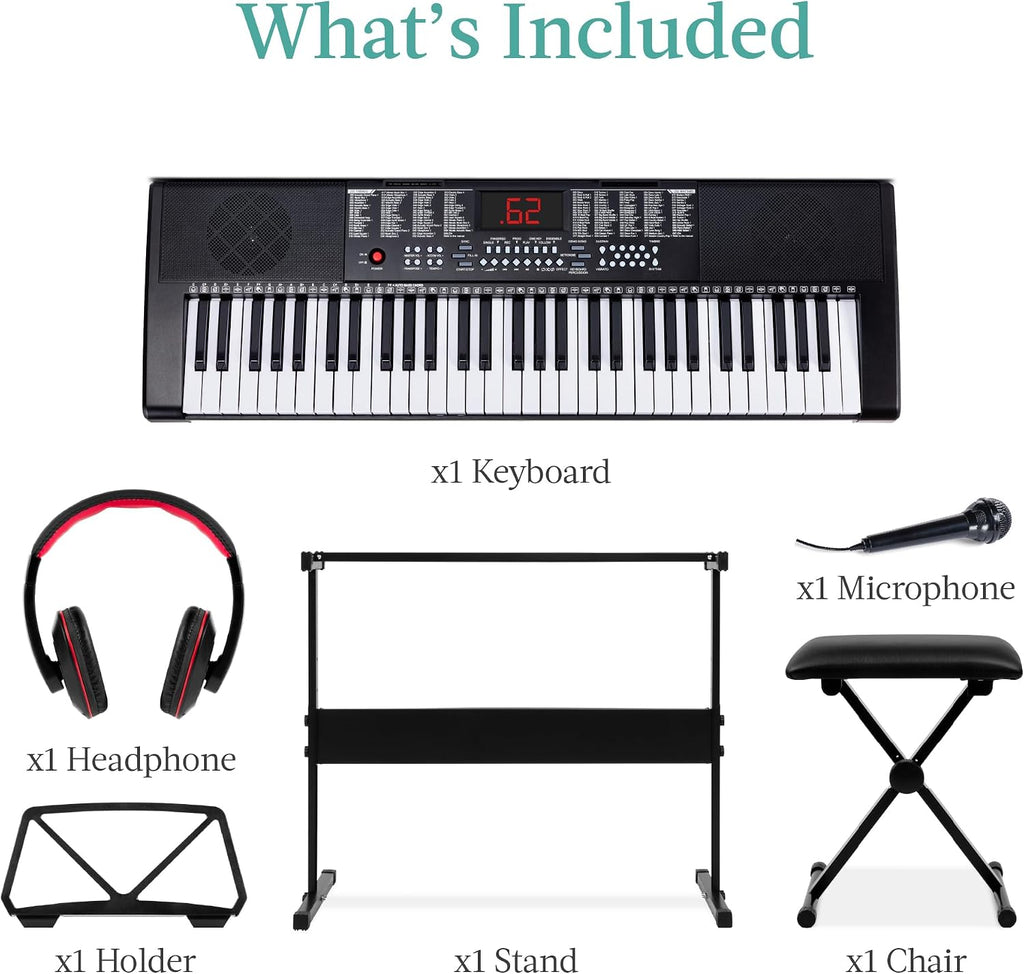 Best Choice Products 61-Key Electronic Keyboard Piano Portable Electric Keyboard Complete Beginner Set w/LED Screen, Stand, Bench, Headphones - Black