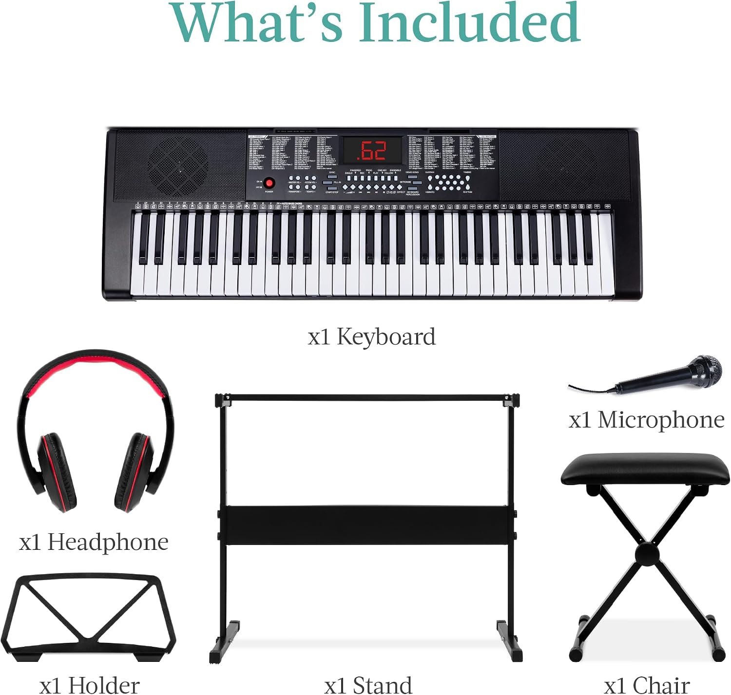 Best Choice Products 61-Key Electronic Keyboard Piano Portable Electric Keyboard Complete Beginner Set w/LED Screen, Stand, Bench, Headphones - Black
