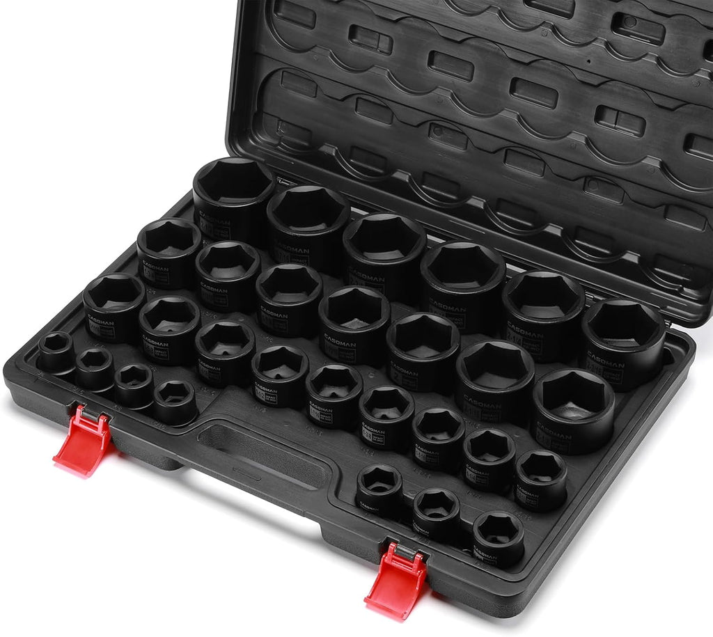 CASOMAN 29-Piece 3/4' Drive Shallow Spindle Axle Nut Impact Socket Set, 6-Point, Standard Large Socket Set, SAE (3/4' to 2-1/2'), CR-MO Steel, with Storage Case
