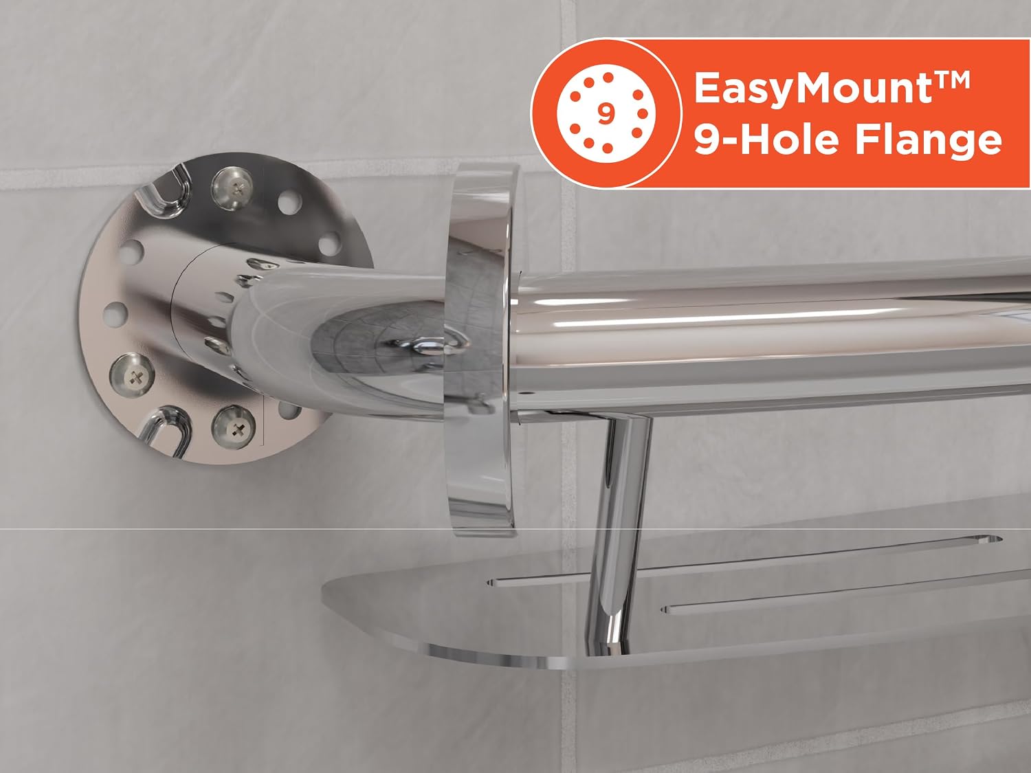 HEALTHCRAFT Plus Shampoo Shelf & Grab Bar 24', ADA Safety - Polished Chrome | Built-in shampoo shelf, concealed screws, no separate shelf needed