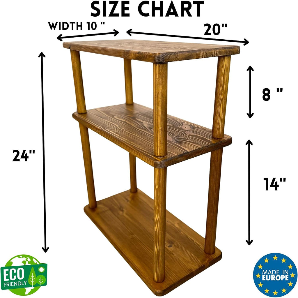Handcrafted Solid 3-Tier Narrow Side Table, 10 Inch Pine Wood End Table for Living Room with Storage, Slim Bedside Table for Small Spaces, Nursery, Bedroom, Office (Walnut, Tall)