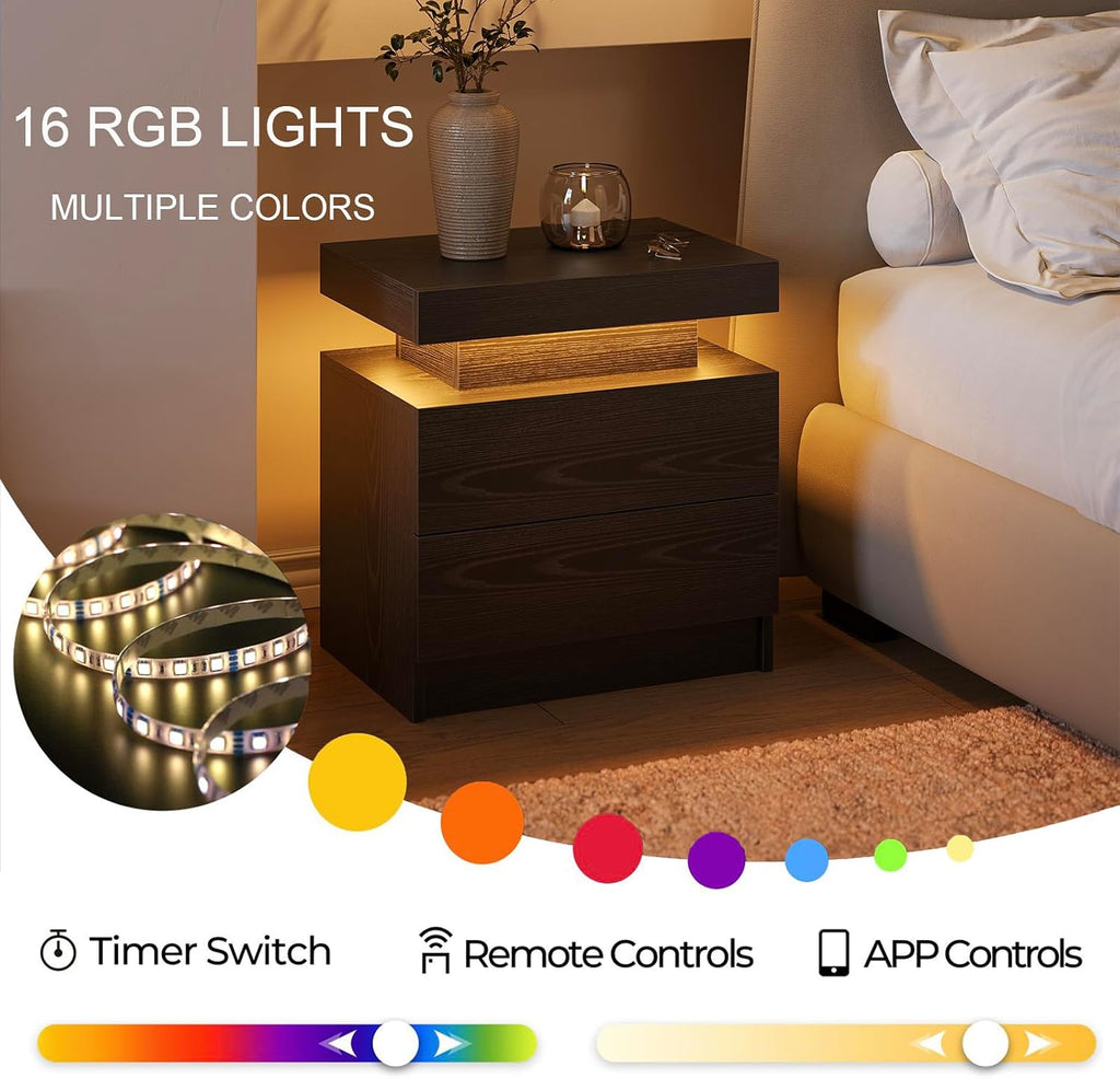 Cubehom Nightstands Set of 2, Bedside Tables with LED Lights, Night Stands with 2 Wood Drawers, End Tables Set of 2 for Living Room/Bedroom