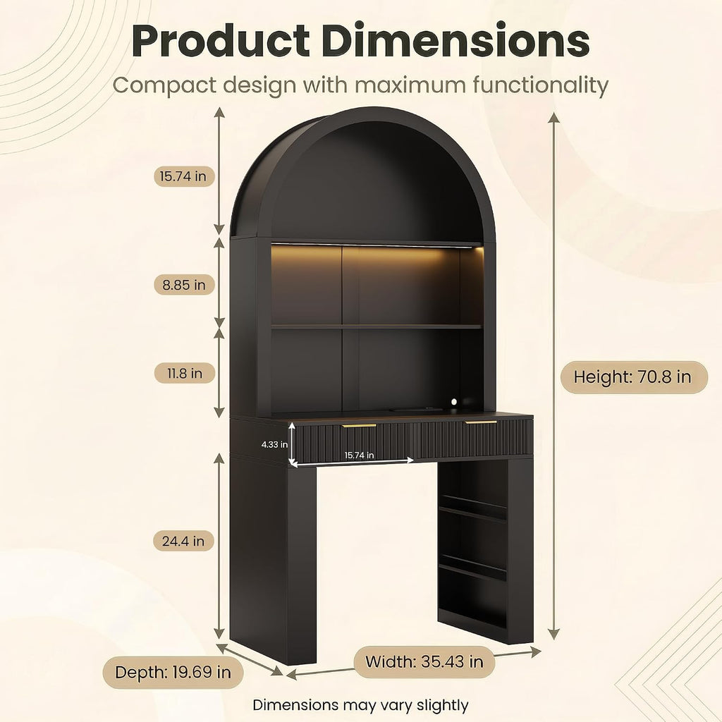 Arched Writing Desk with Hutch, Home Office Desk with 2 Drawers, Secretary Desk with Outlets, 3 Color LED Lights, Open Shelves, Computer Desk for Small Space, Bedroom 35.4' W x 70.8' H (Black)
