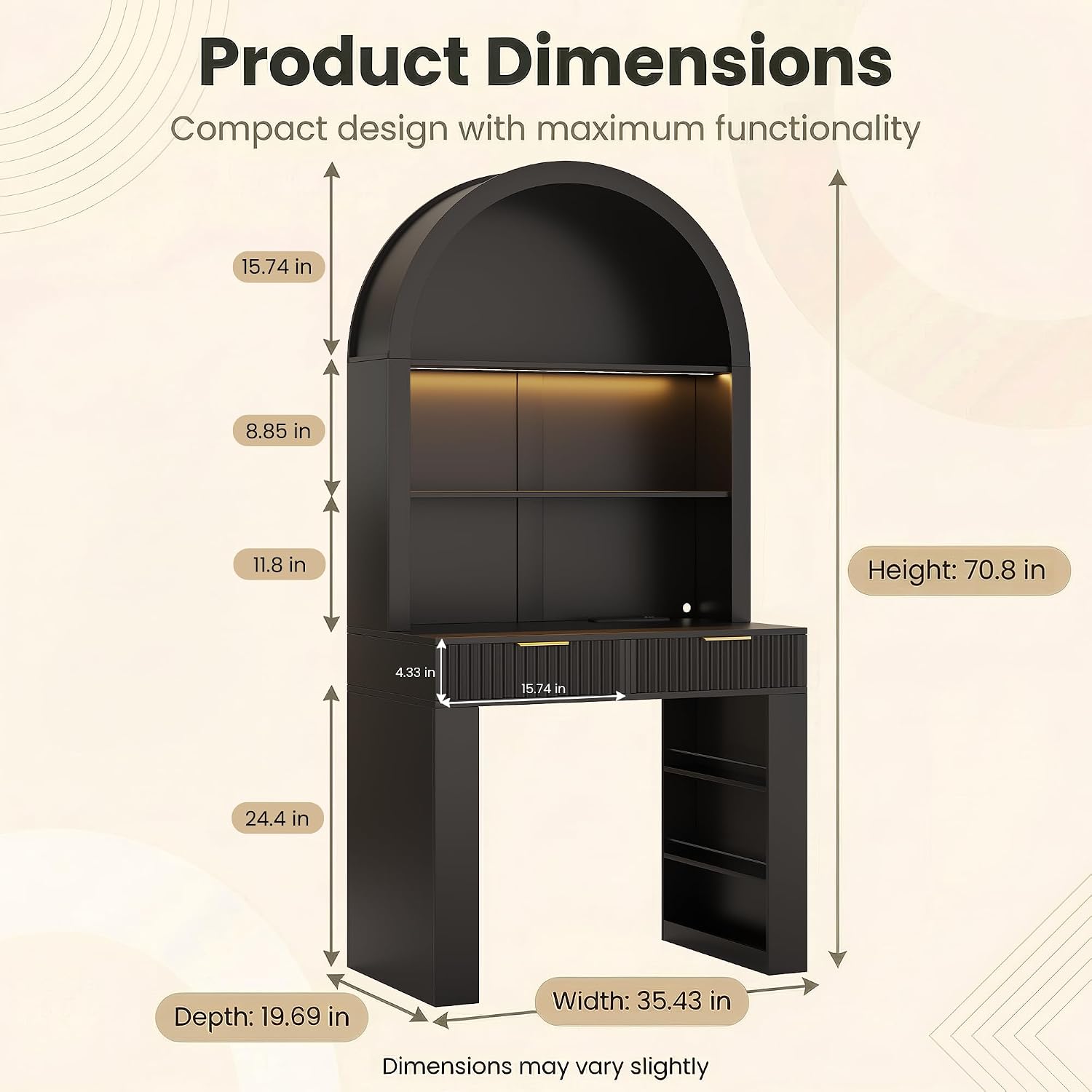 Arched Writing Desk with Hutch, Home Office Desk with 2 Drawers, Secretary Desk with Outlets, 3 Color LED Lights, Open Shelves, Computer Desk for Small Space, Bedroom 35.4' W x 70.8' H (Black)