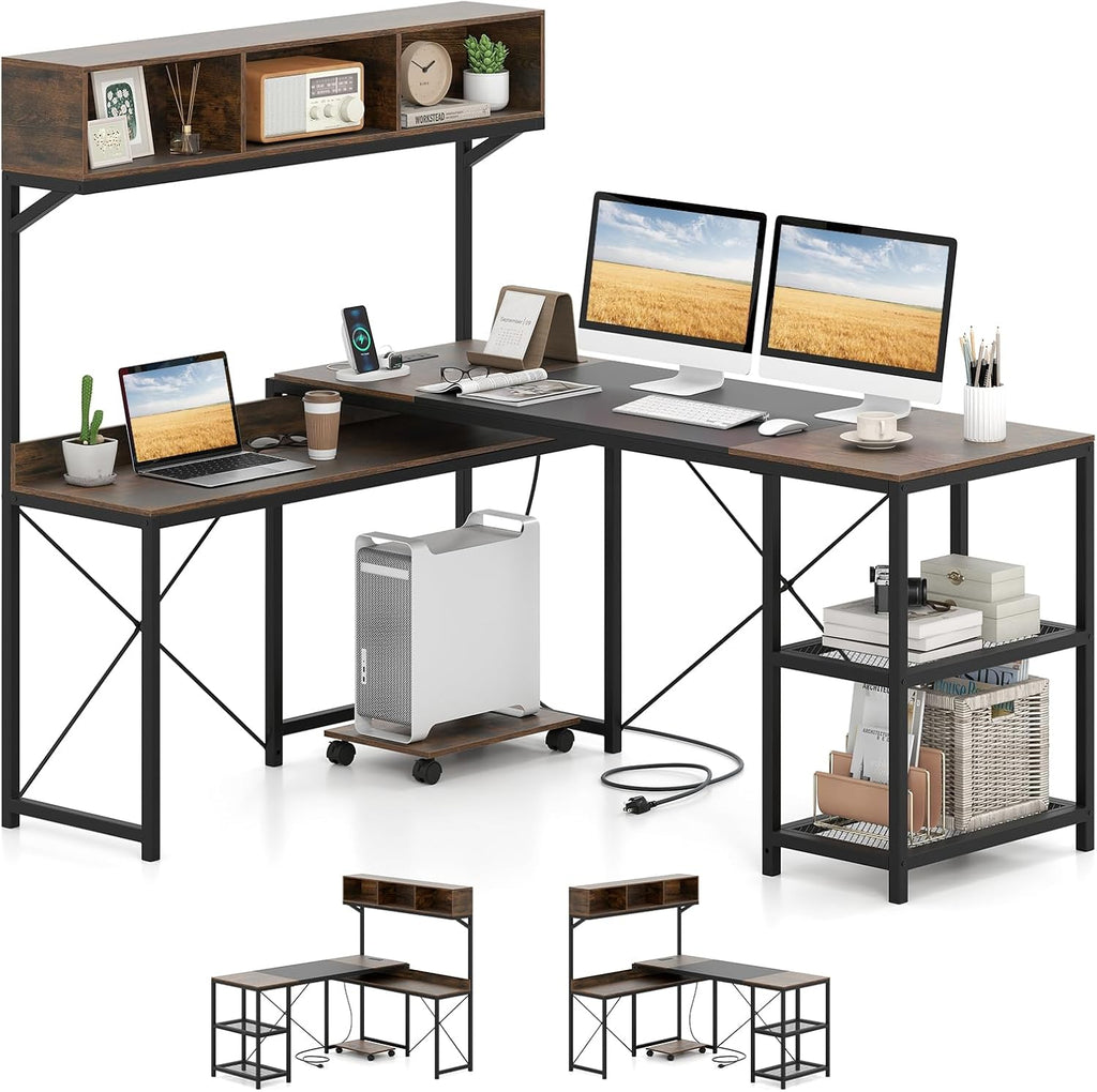 Tangkula 62' Reversible L-Shaped Computer Desk with Hutch & Power Outlets, Corner Computer Desk with 3 Compartments, Shelves & Mobile CPU Stand, Reversible Gaming Table Workstation for Home Office