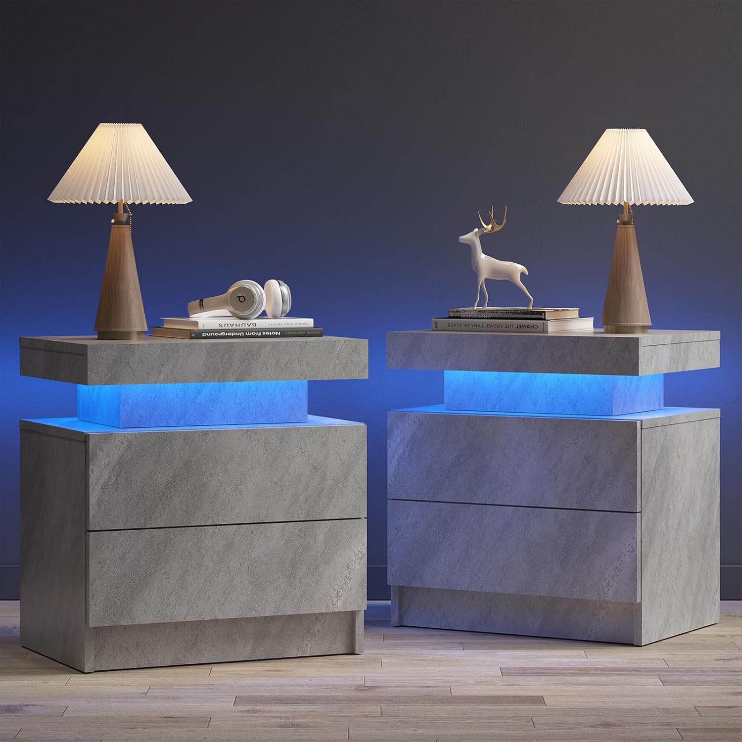 LED End Table Set of 2 Modern Bedside Table with Storage End Tables Bedroom with 2 Drawers for Bedroom Living Room All Grey