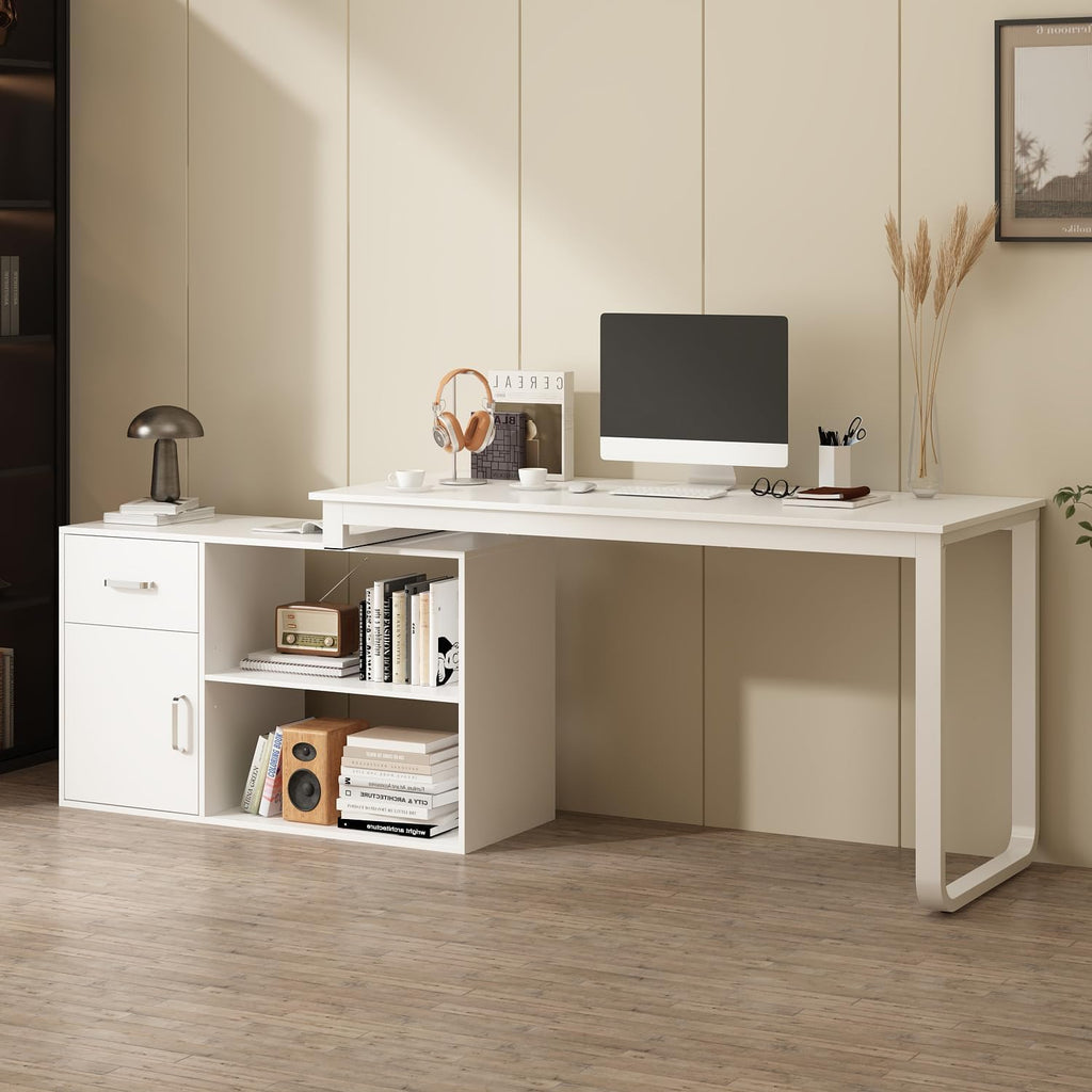 ECACAD Shape Adjustable Computer Desk with Storage Cabinet, L Shaped Corner Home Office Desk Study Writing Table with Drawer, Door & Adjustable Shelves, White