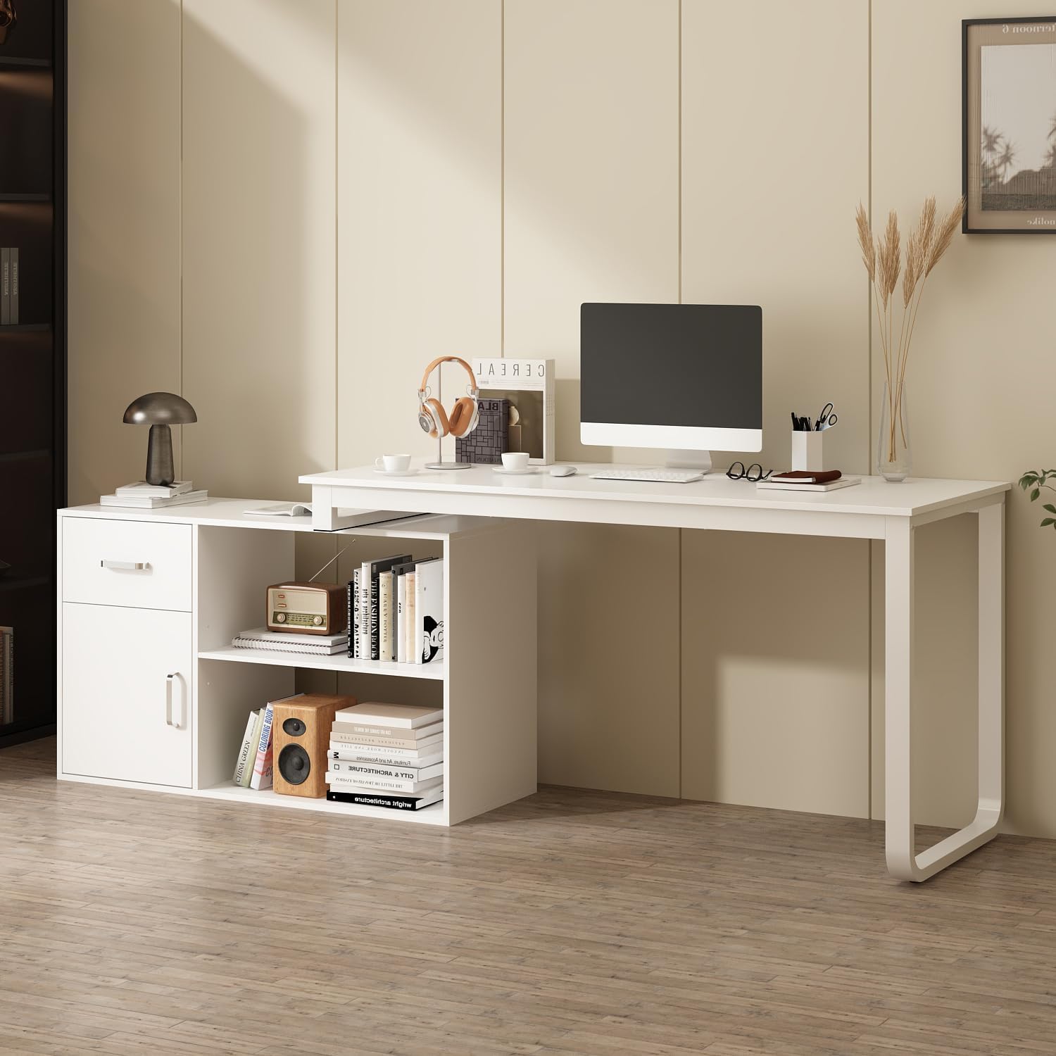 ECACAD Shape Adjustable Computer Desk with Storage Cabinet, L Shaped Corner Home Office Desk Study Writing Table with Drawer, Door & Adjustable Shelves, White