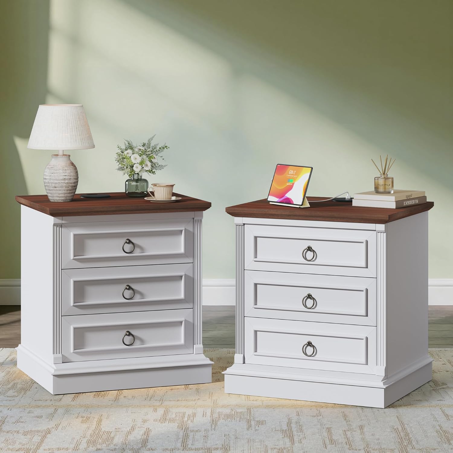 HUAHUU Farmhouse Nightstand Set of 2, Side Table with Wireless Charging Station, Wood Rustic End Table with Roman Column & Metal Handle for Bedroom, White