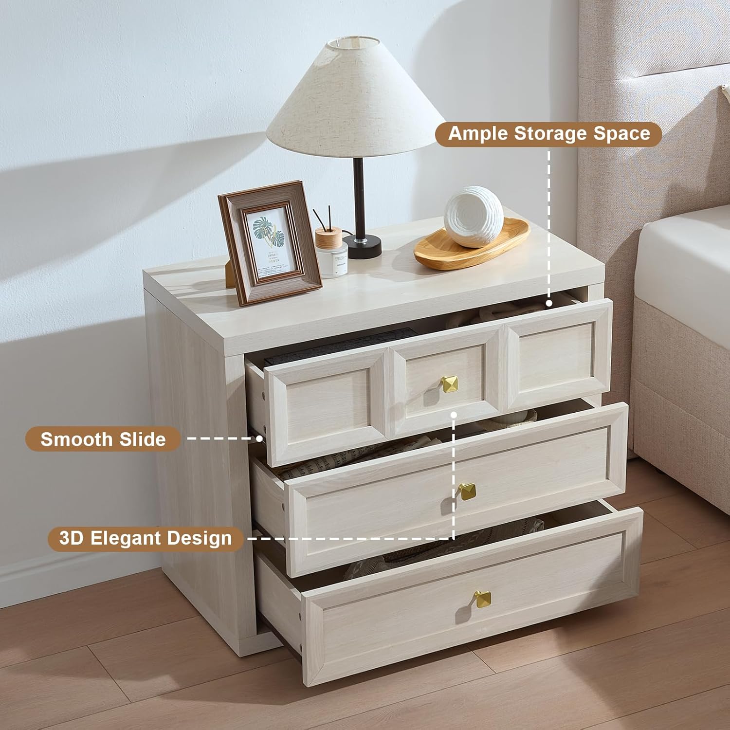 3 Drawers Nightstand with Charging Station, 30.7' King Size Bedside Table with 3 Drawers, Accent End Table W/Large Storage, Modern Wood Side Table for Bedroom,Office, Beige (1 Piece, Beige)