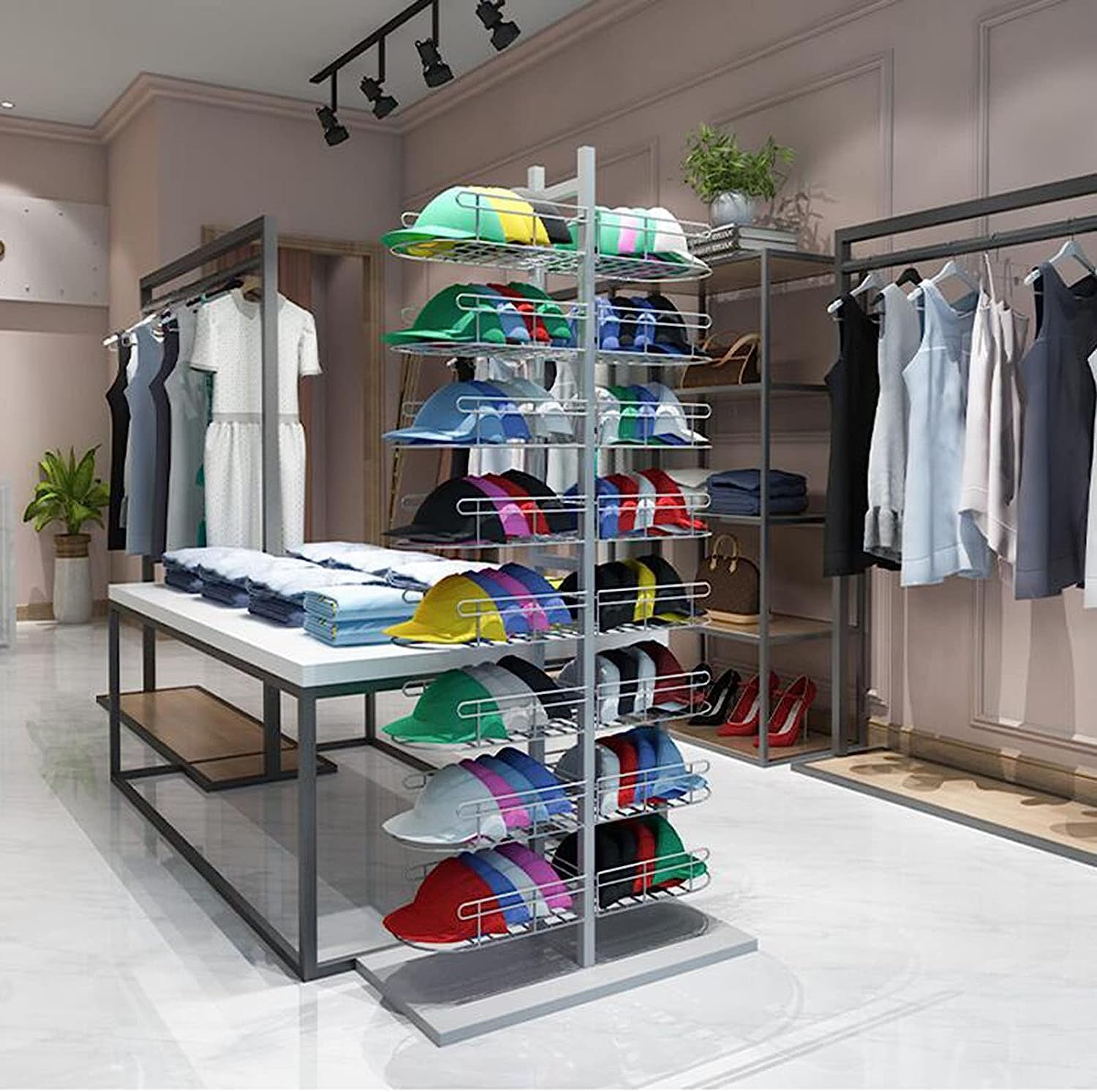 Floor Standing Store Display Stand,8 Tier Hat Rack,Baseball Cap Rack,Modern Headwear Wig Rack,Double Sided Metal Storage Rack For Commercial Boutique Retail,C