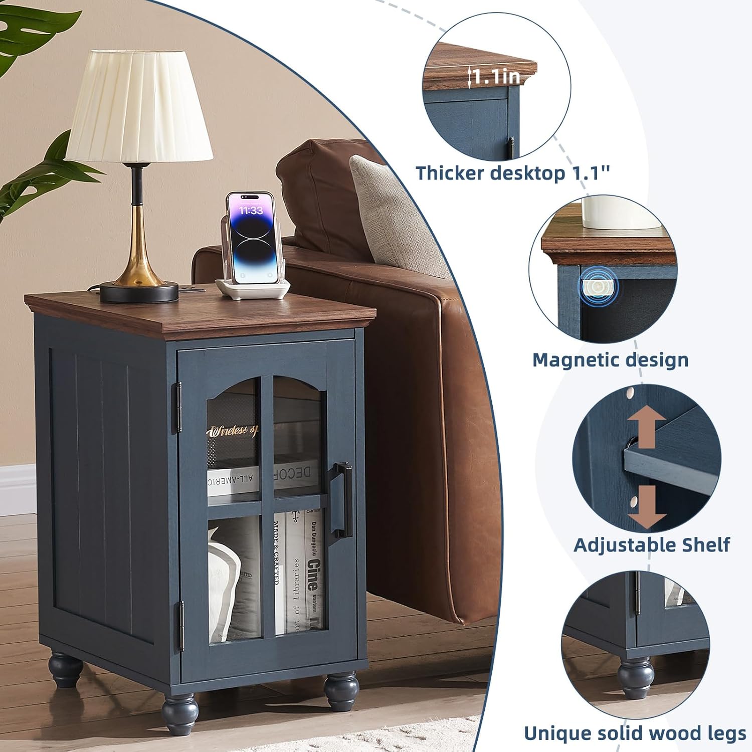 RWYHG Farmhouse Coffee and end Tables 3-Piece Set,Wood 48' Center Table with 4 Drawers,Large Sofa Side Table with Charging Station & with Glass Barn Door Storage for Home Living Room Hallway,Blue