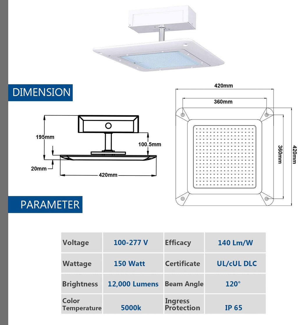 Hytronics 150W LED Canopy Light, 500-750W HPS/HID Replacement, 21000 Lumens, 140 LM/W, 5000K, Waterproof and Outdoor Rated, DLC&UL Listed, Gas Station, Street, Area & Outdoor Lighting, White