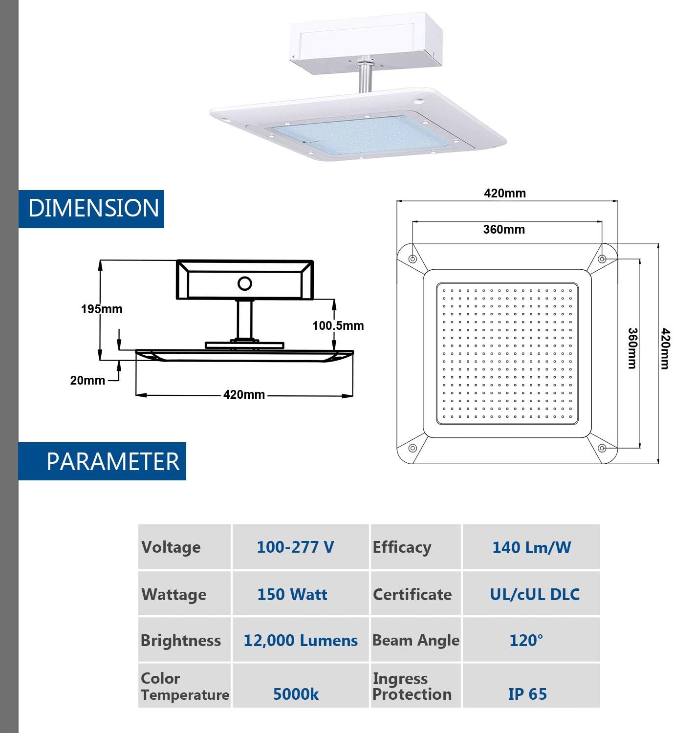 Hytronics 150W LED Canopy Light, 500-750W HPS/HID Replacement, 21000 Lumens, 140 LM/W, 5000K, Waterproof and Outdoor Rated, DLC&UL Listed, Gas Station, Street, Area & Outdoor Lighting, White